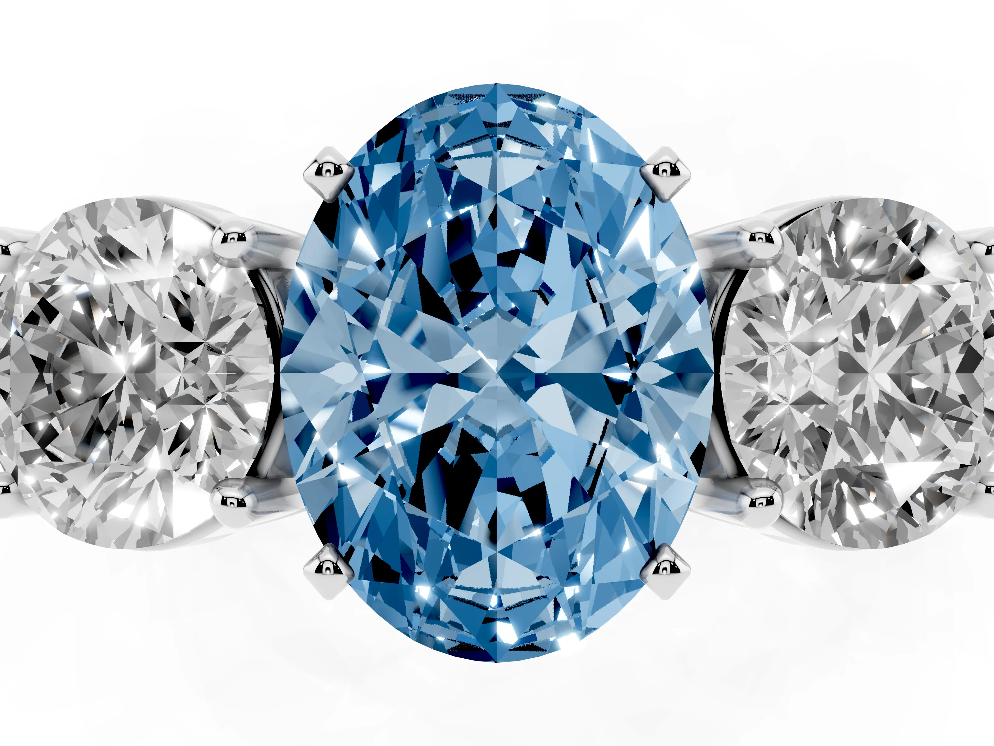 Fancy Blue Oval Cut Diamond Three-Stone Ring Set in Platinum with Round Side Stones and Classic Band