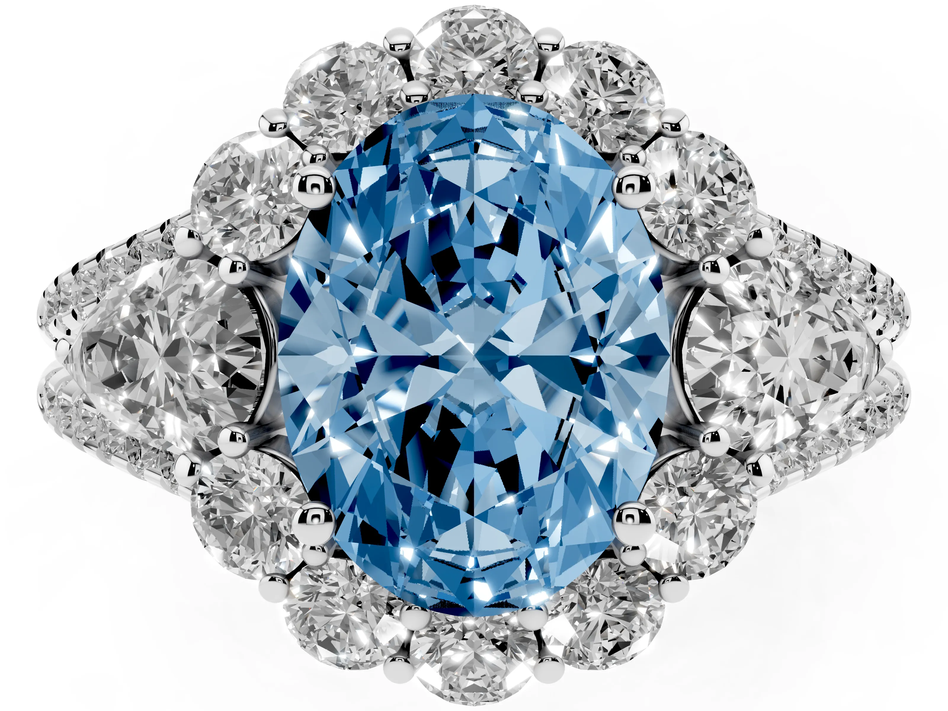 Fancy Blue Oval Cut Diamond Halo Split Shank Engagement Ring Set in Silver with Prong-Held Center Stone
