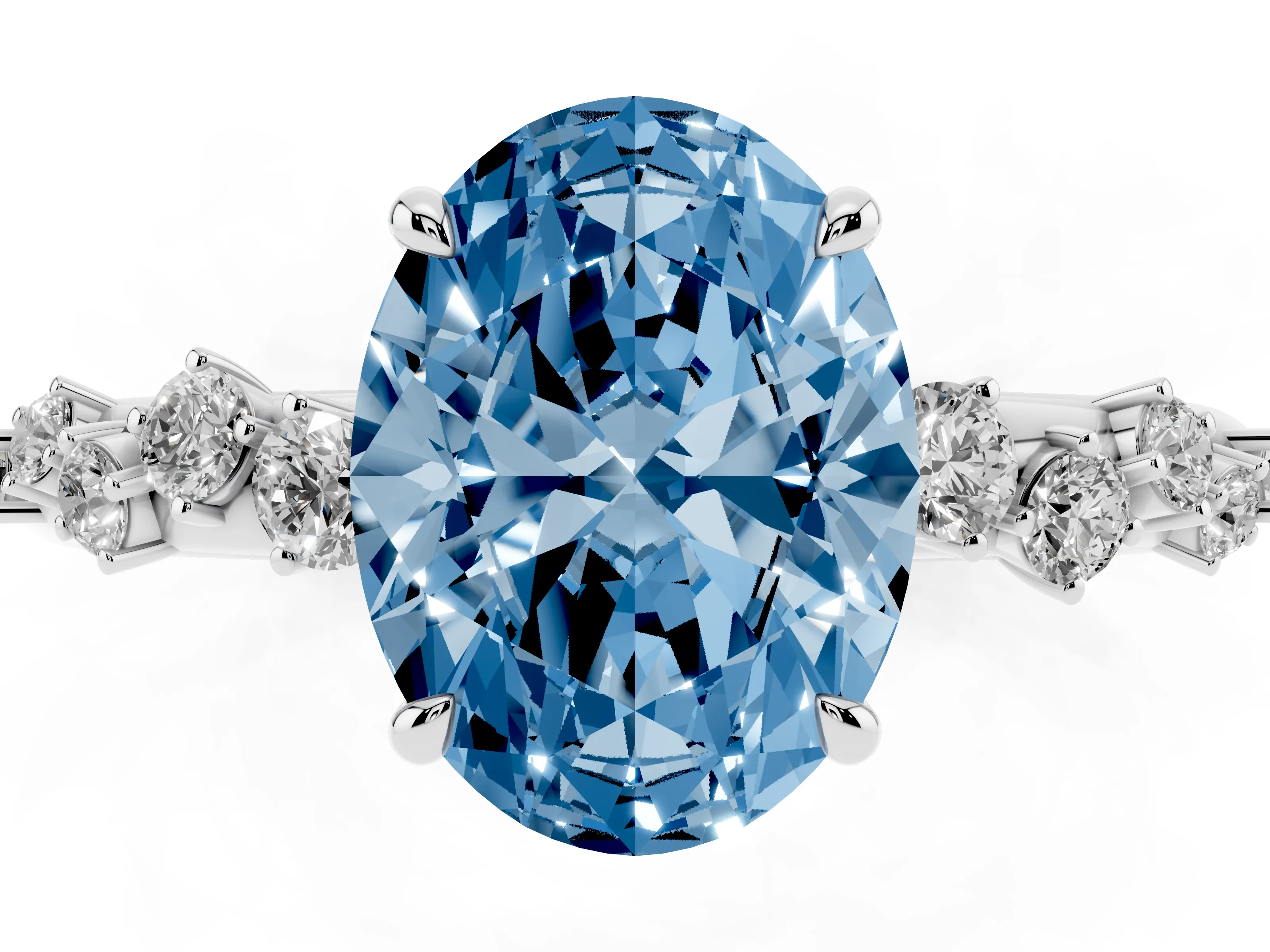 Fancy Blue Oval Cut Diamond Cluster Solitaire Ring Set in Silver with Prong Setting