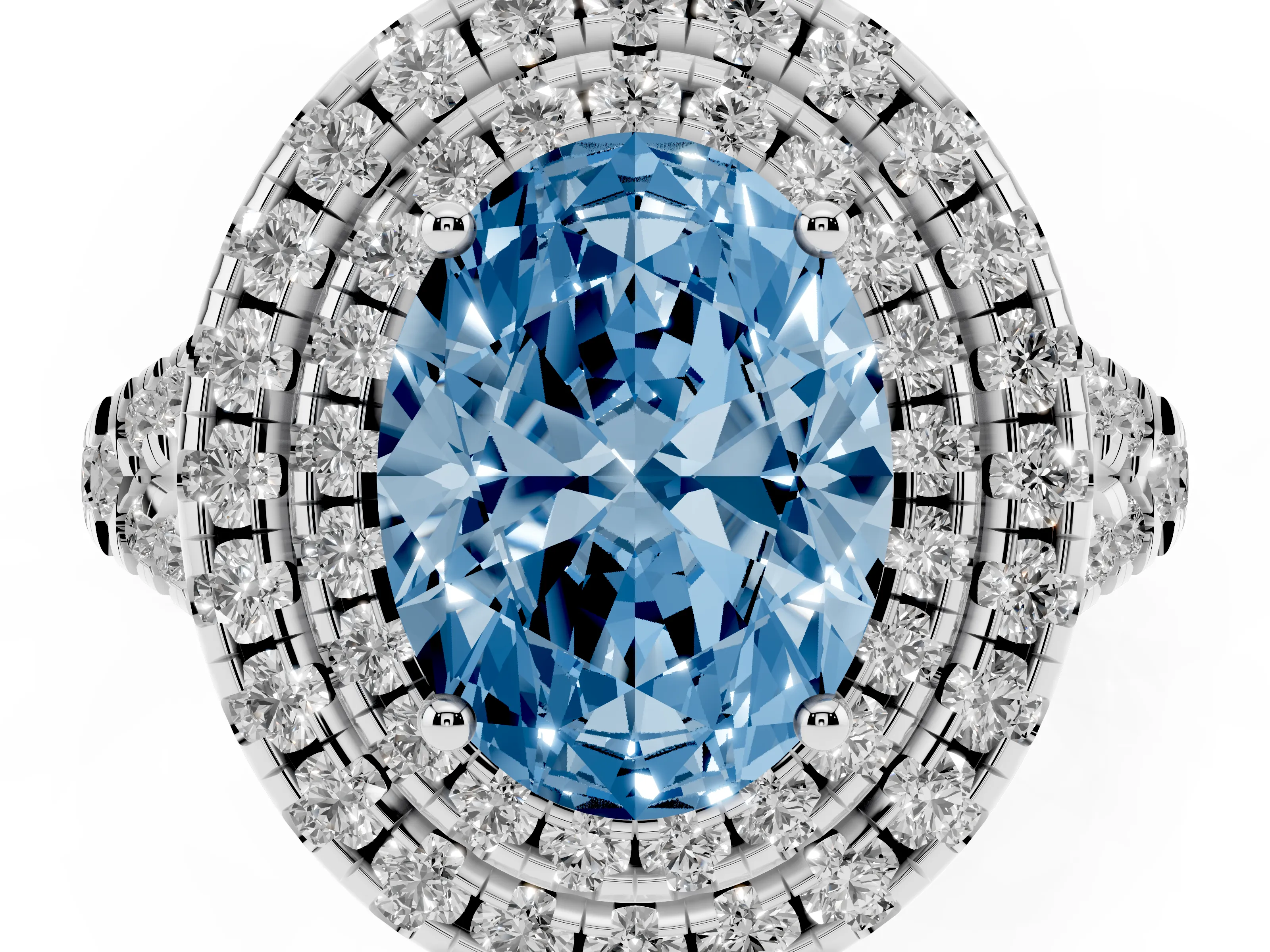 Fancy Blue Oval Cut Diamond Double Halo Ring Set in Silver with Pavé Split Shank and Prong Setting