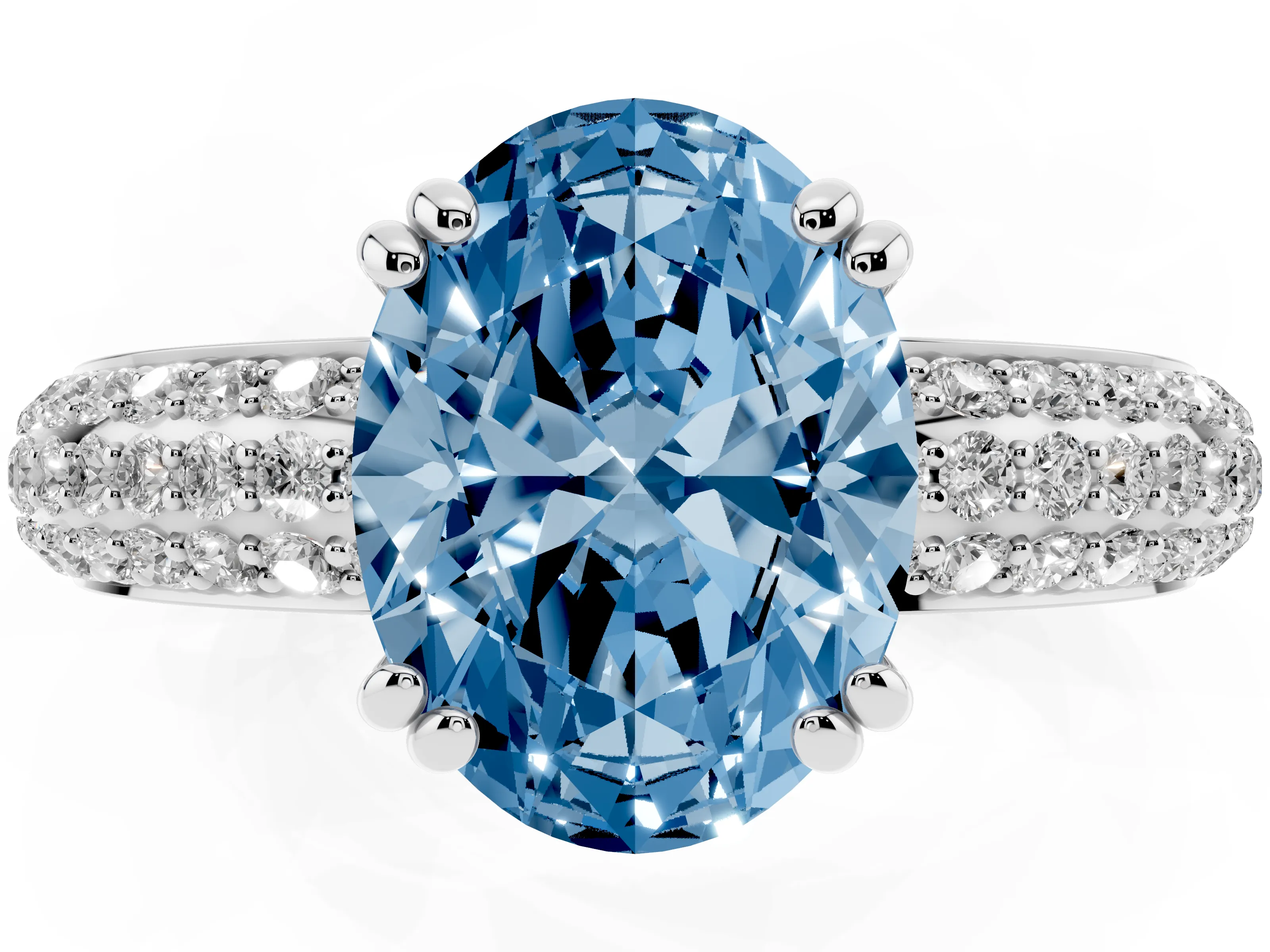 Fancy Blue Oval Cut Diamond Solitaire Ring Set in White gold with Multi-Row Round Pavé Band and Prong Setting