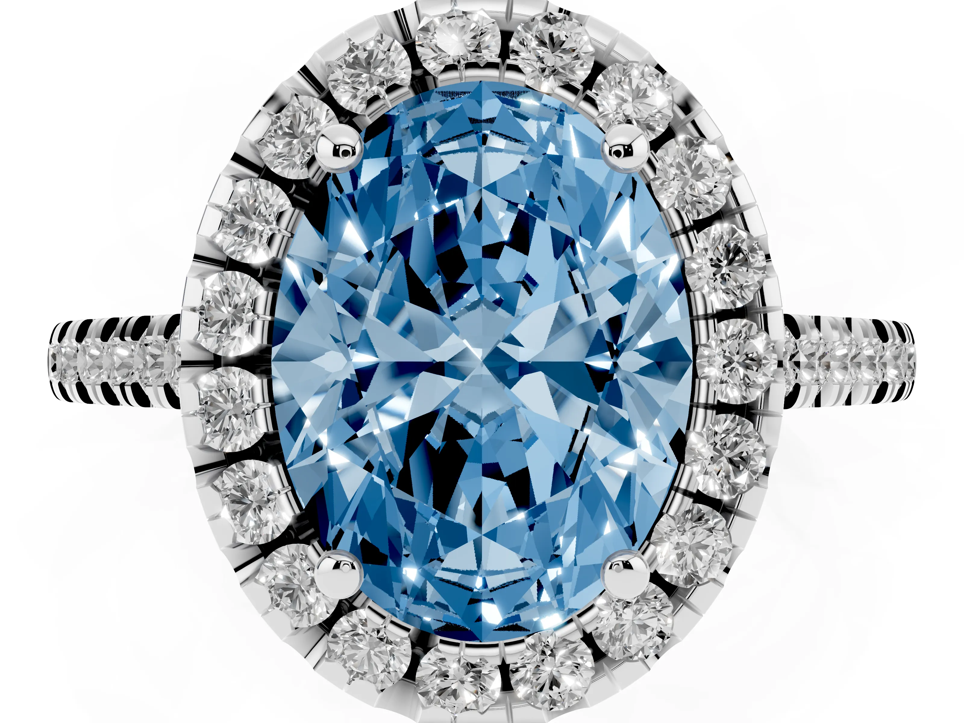Fancy Blue Oval Cut Diamond Cushion Halo Ring Set in Silver with Pavé Band