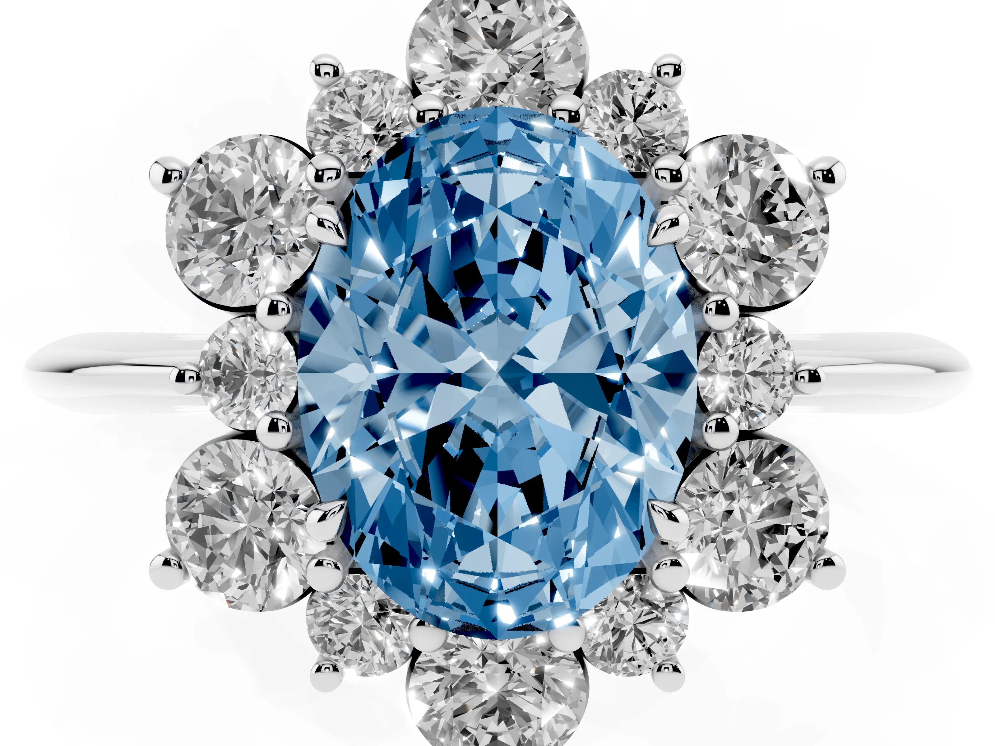 Fancy Blue Oval Cut Diamond Cluster Halo Ring Set in Platinum with Solitaire Band and Prong Setting