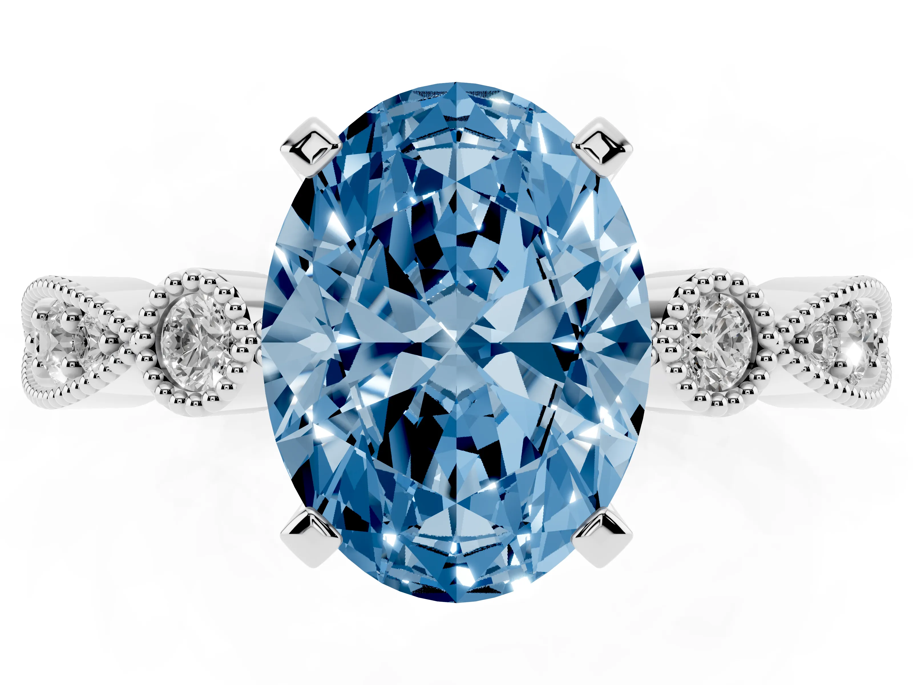 Fancy Blue Oval Cut Diamond Solitaire Engagement Ring Set in Platinum with Milgrain Bezel Accent Band