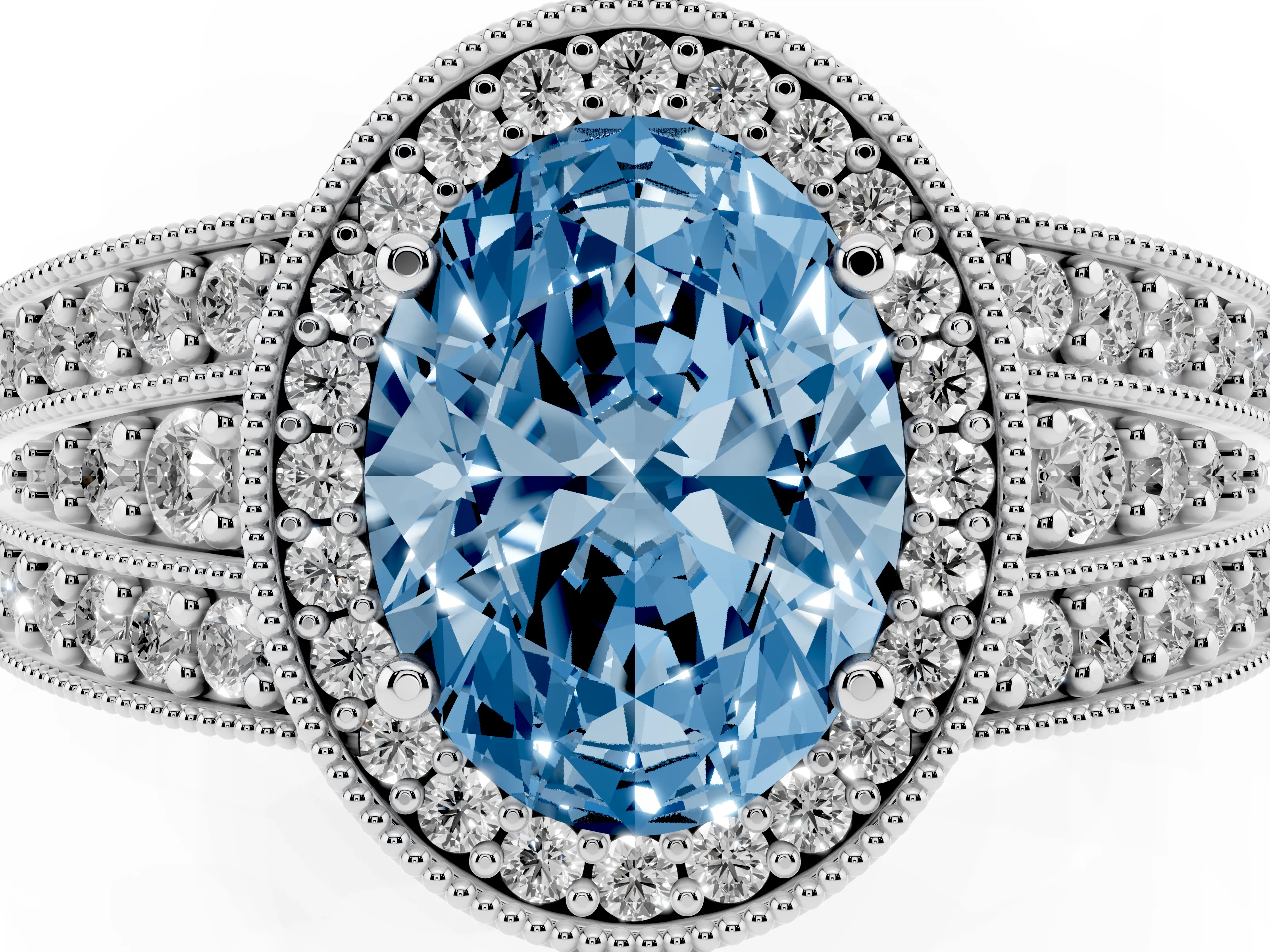 Fancy Blue Oval Cut Diamond Halo Ring Set in Platinum with Accent Split Shank and Prong Setting