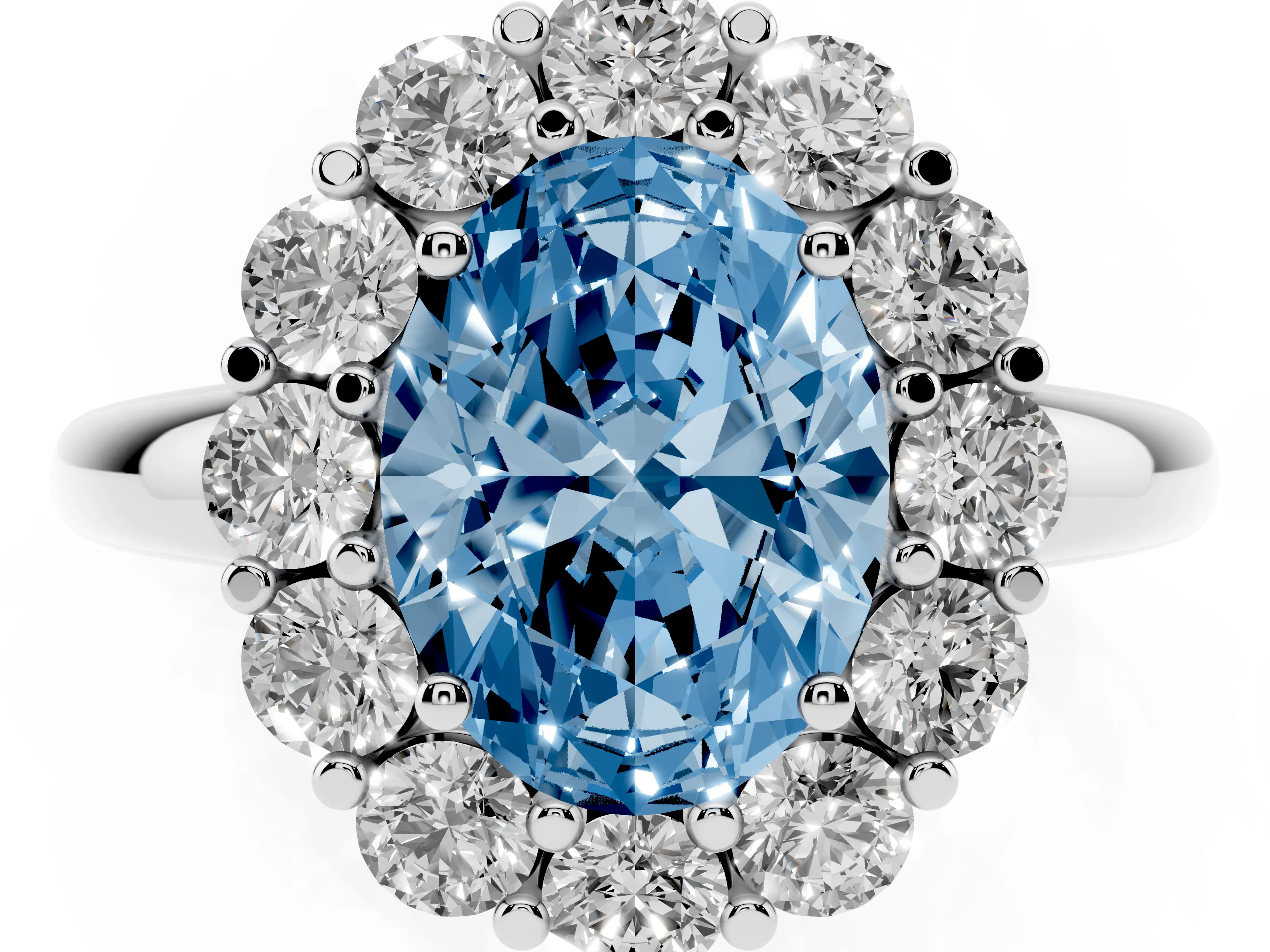 Fancy Blue Oval Cut Diamond Halo Cluster Engagement Ring Set in Platinum with Polished Band and Prong Setting