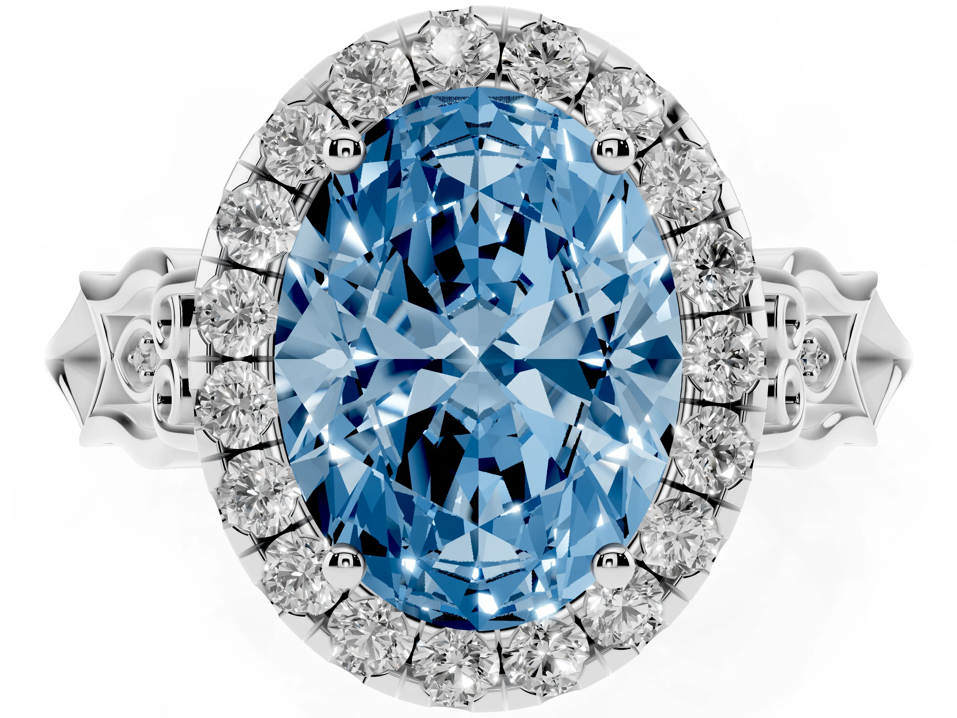 Fancy Blue Oval Cut Diamond Halo Engagement Ring Set in Platinum with Filigree Band and Prong-Set Center