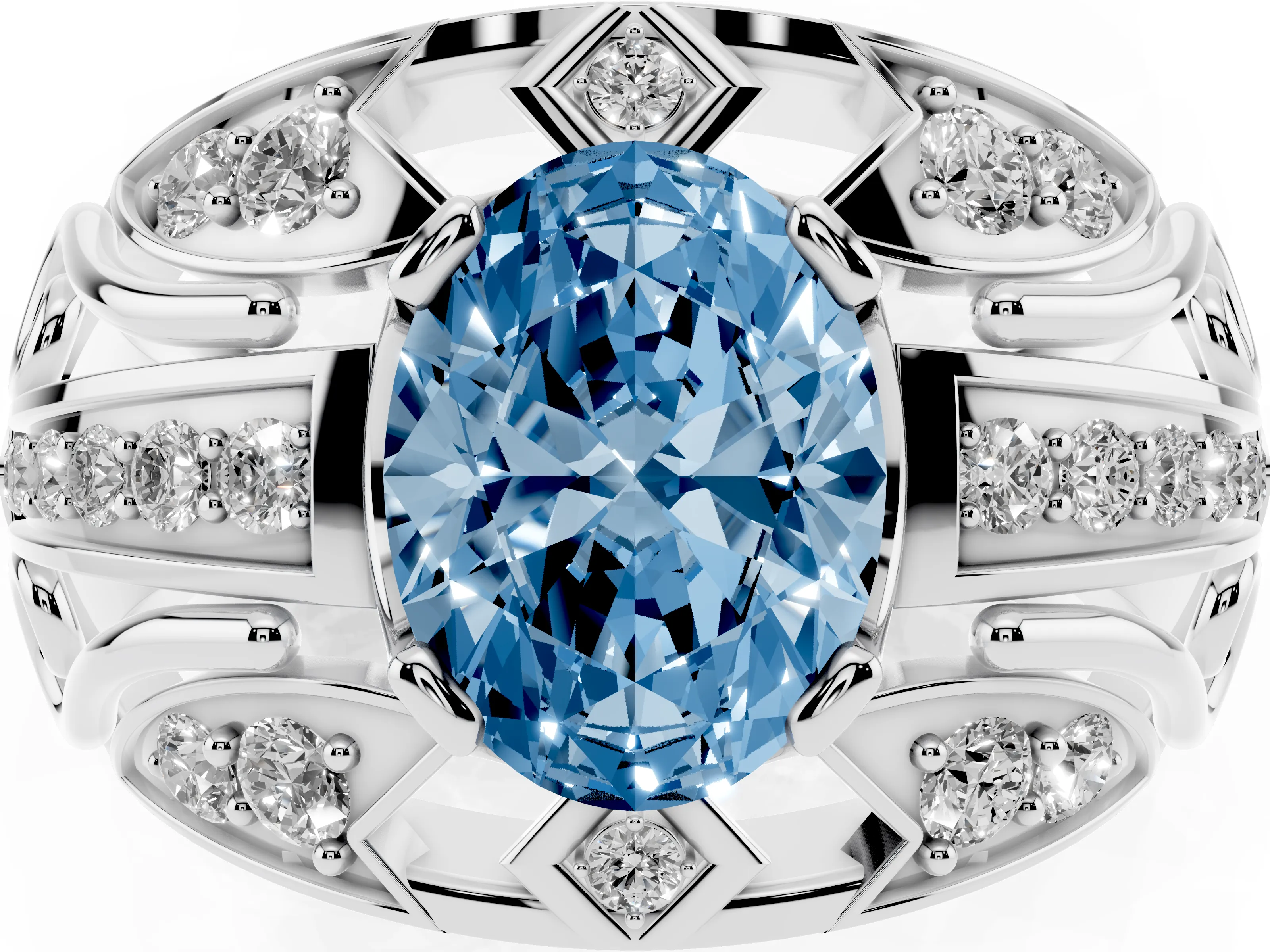 Fancy Blue Oval Cut Diamond Art Deco Ring Set in Platinum with Pavé Split Shank
