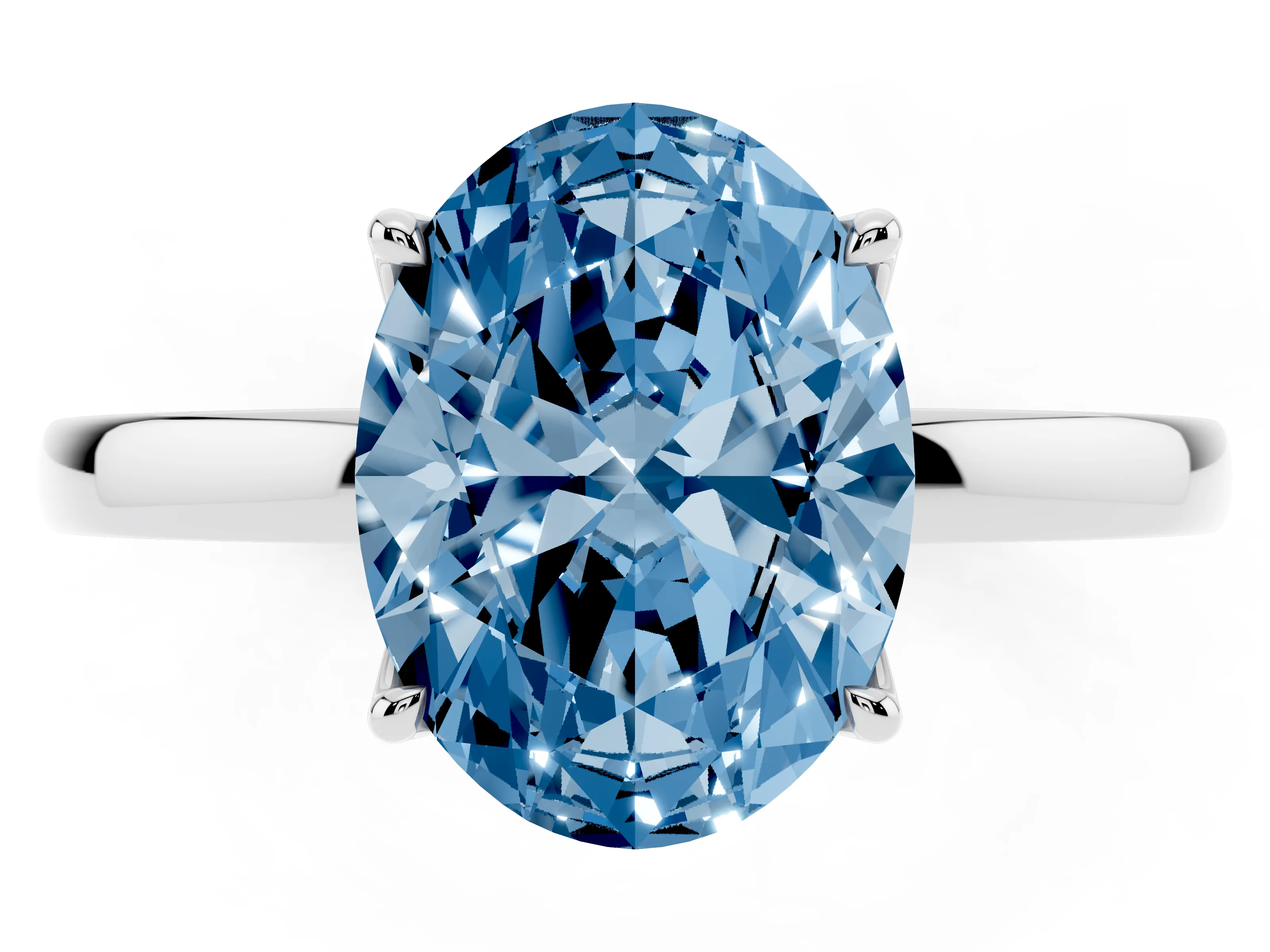 Fancy Blue Oval Cut Diamond Solitaire Ring Set in White gold with Prong Setting and Thin Polished Band