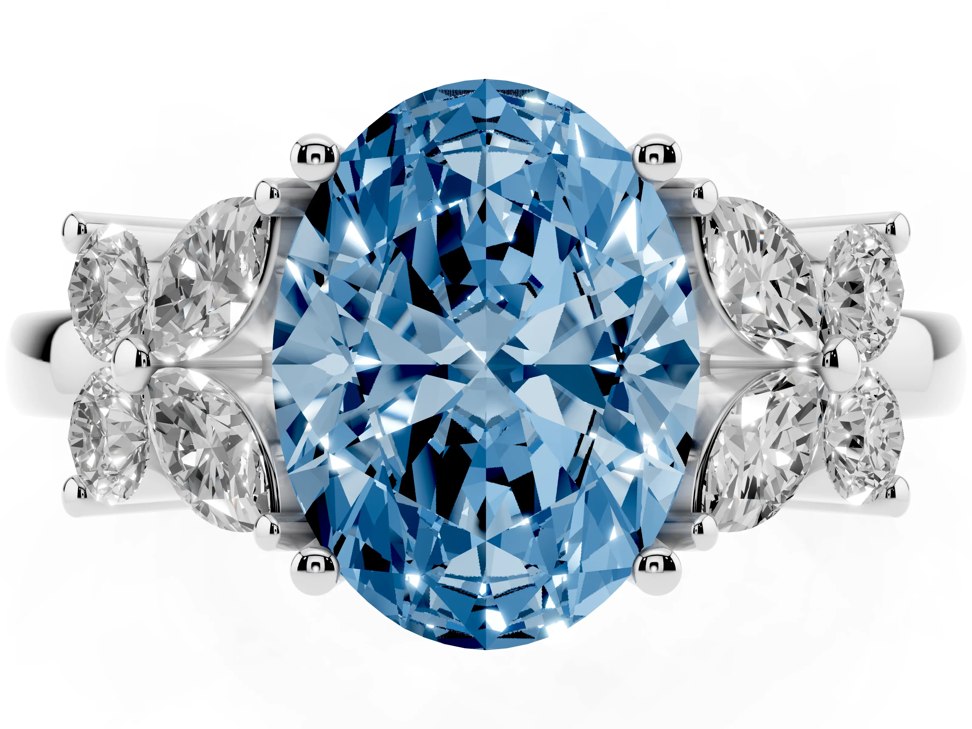 Fancy Blue Oval Cut Diamond Floral Cluster Ring Set in Platinum with Marquise Petals and Prong Setting
