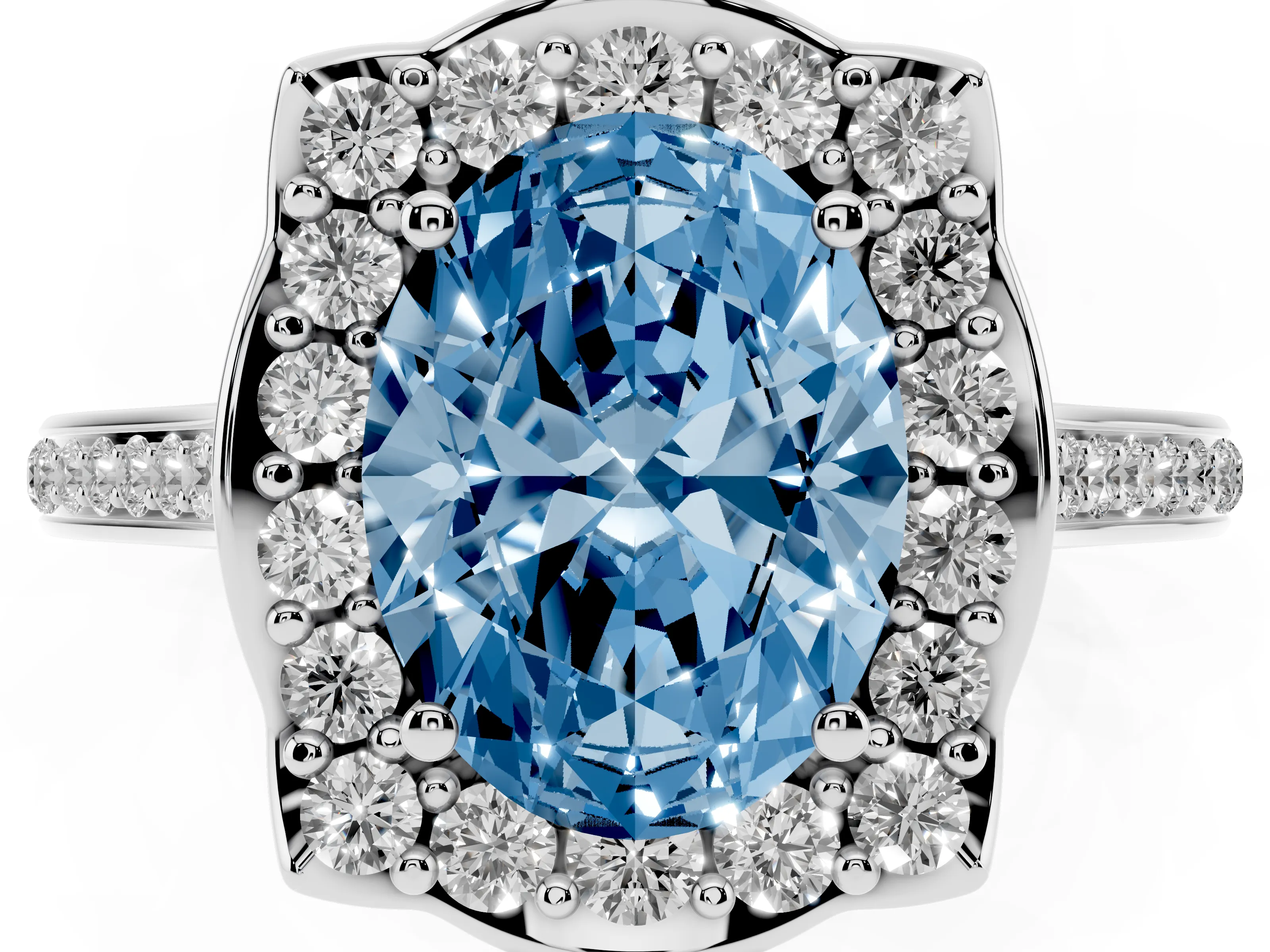 Fancy Blue Oval Cut Diamond Halo Ring Set in Silver with Pavé-Lined Shoulders and Prong Setting