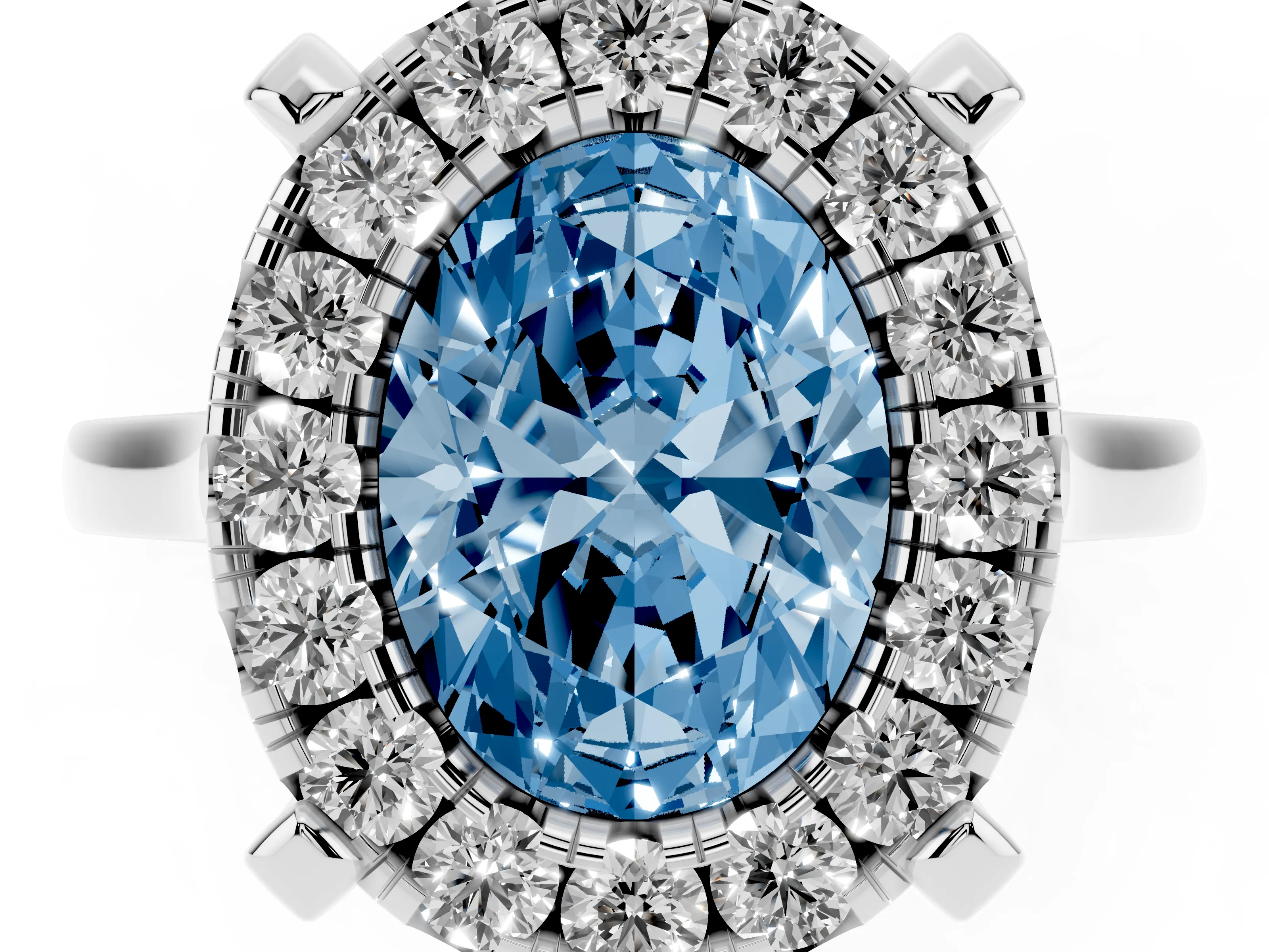 Fancy Blue Oval Cut Diamond Cluster Halo Solitaire Ring Set in Silver with Prong Setting