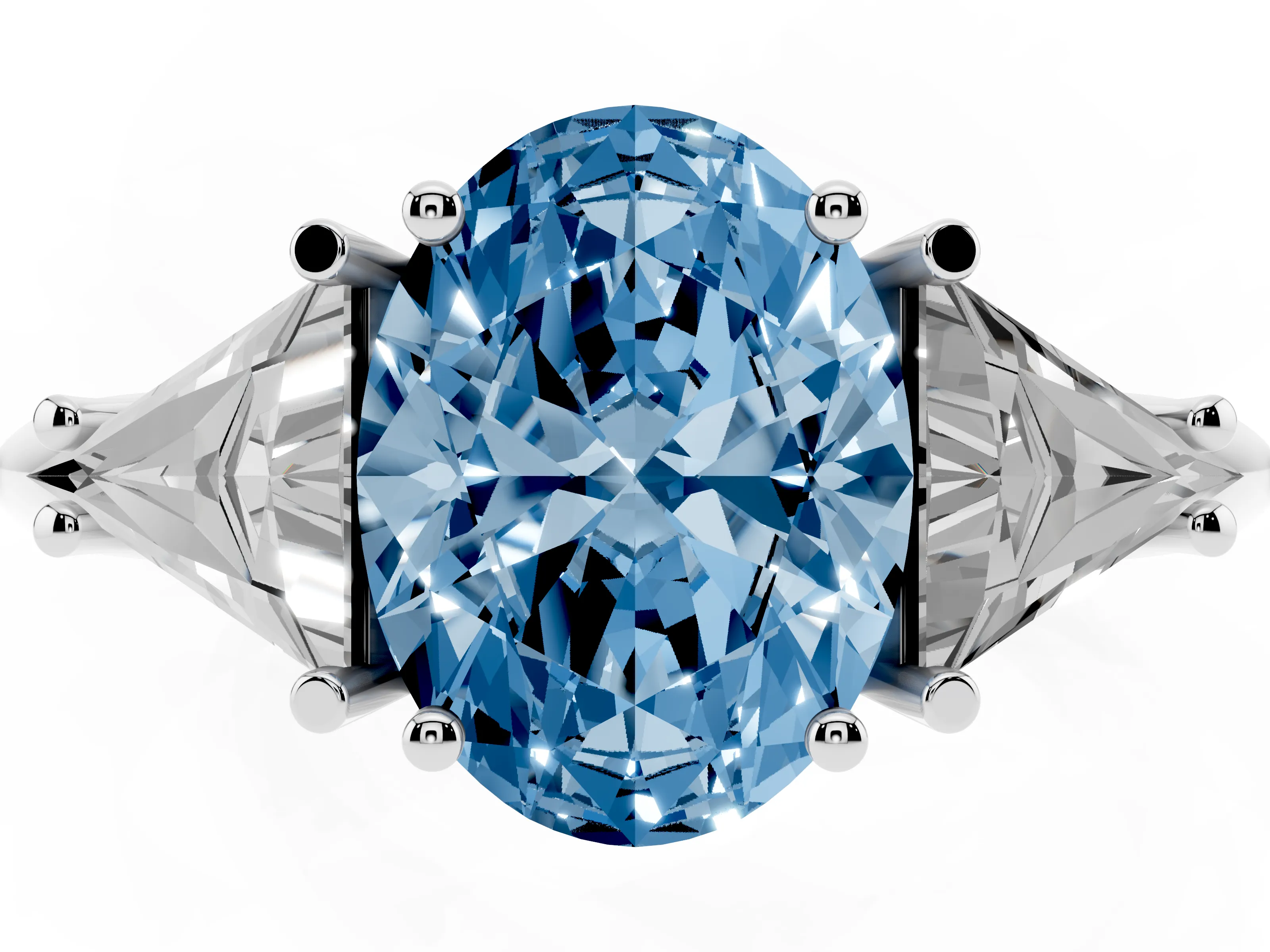 Fancy Blue Oval Cut Diamond Three-Stone Engagement Ring Set in Platinum with Trillion Side Stones