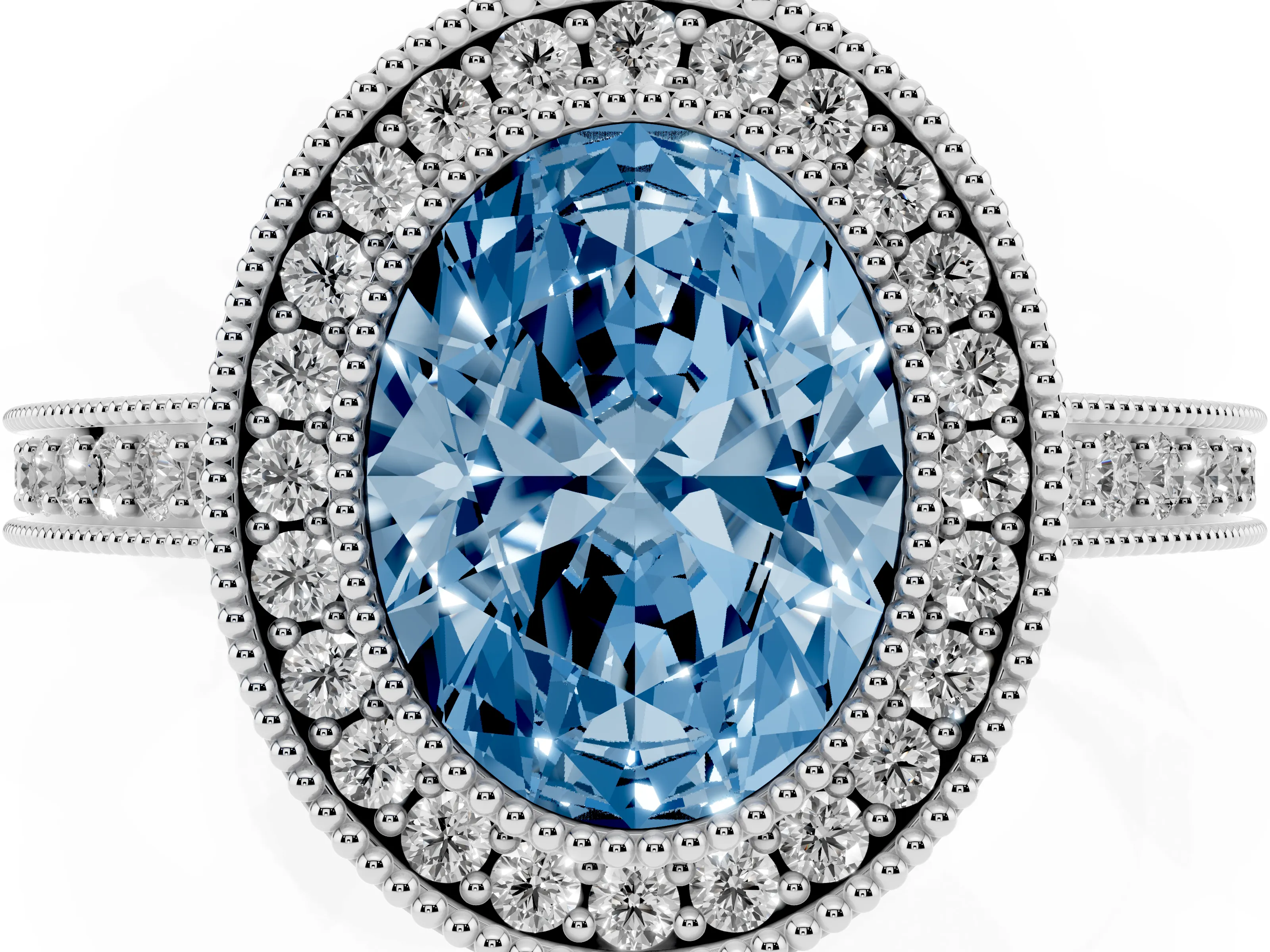 Fancy Blue Oval Cut Diamond Round Halo Ring Set in White gold with Pavé Band