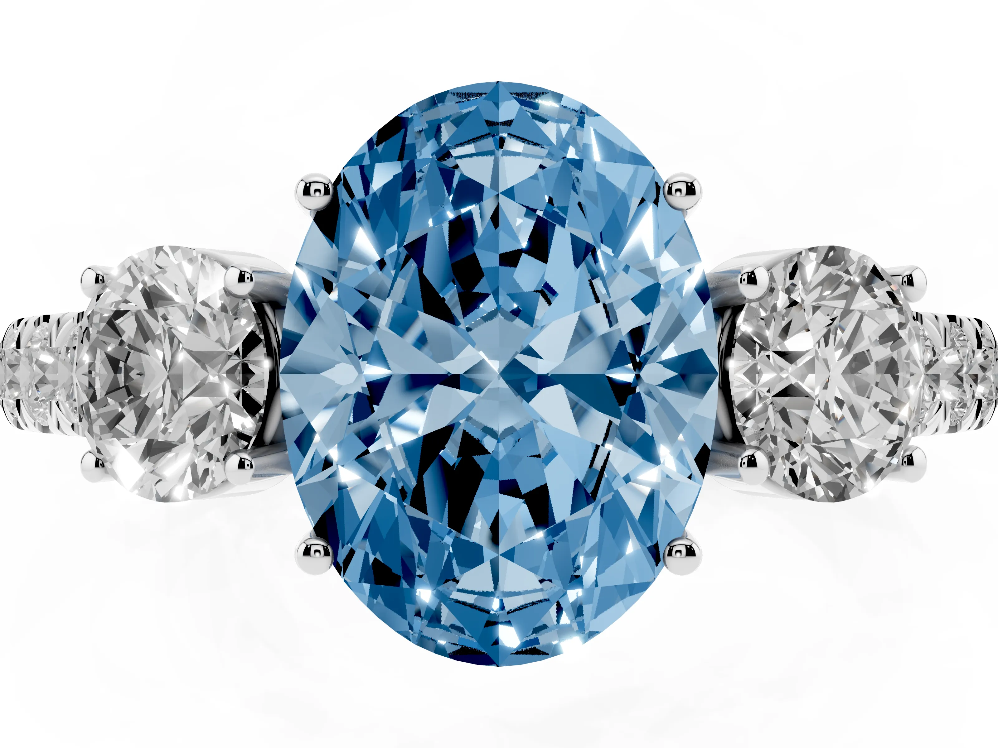 Fancy Blue Oval Cut Diamond Three-Stone Ring Set in White gold with Round Side Stones and Delicate Pavé Band