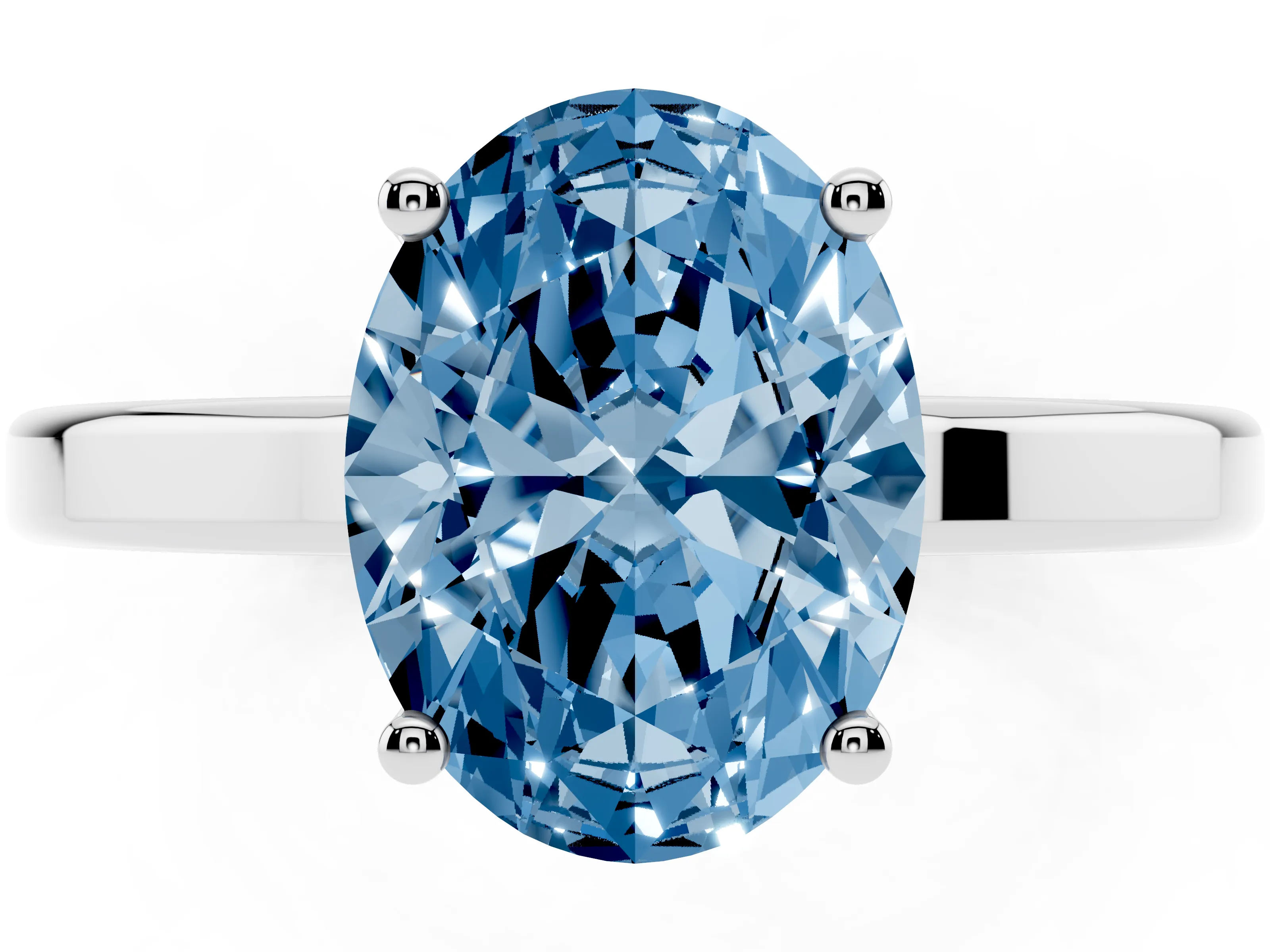 Fancy Blue Oval Cut Diamond Solitaire Engagement Ring Set in Silver with Prong Setting on a Plain Band