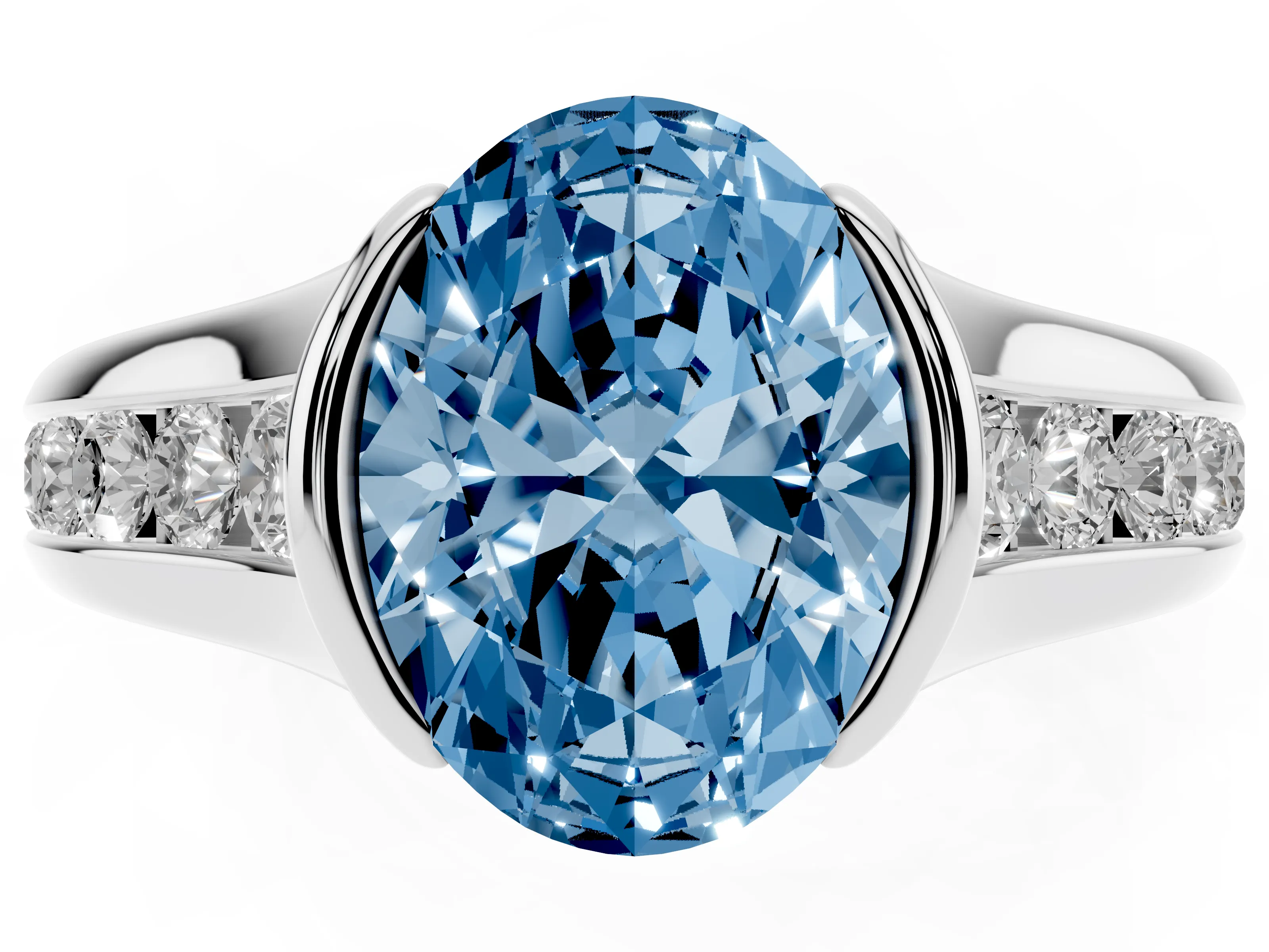 Fancy Blue Oval Cut Diamond Bezel-Set Solitaire Ring Set in Platinum with Channel-Set Band