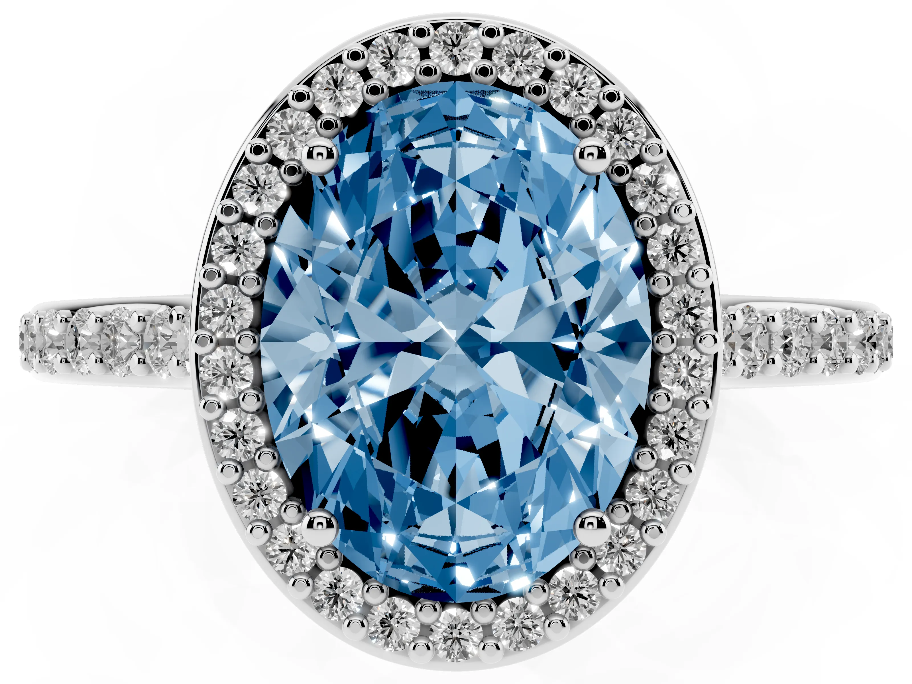 Fancy Blue Oval Cut Diamond Halo Engagement Ring Set in White gold with Round Pavé Shoulders and Heart Gallery