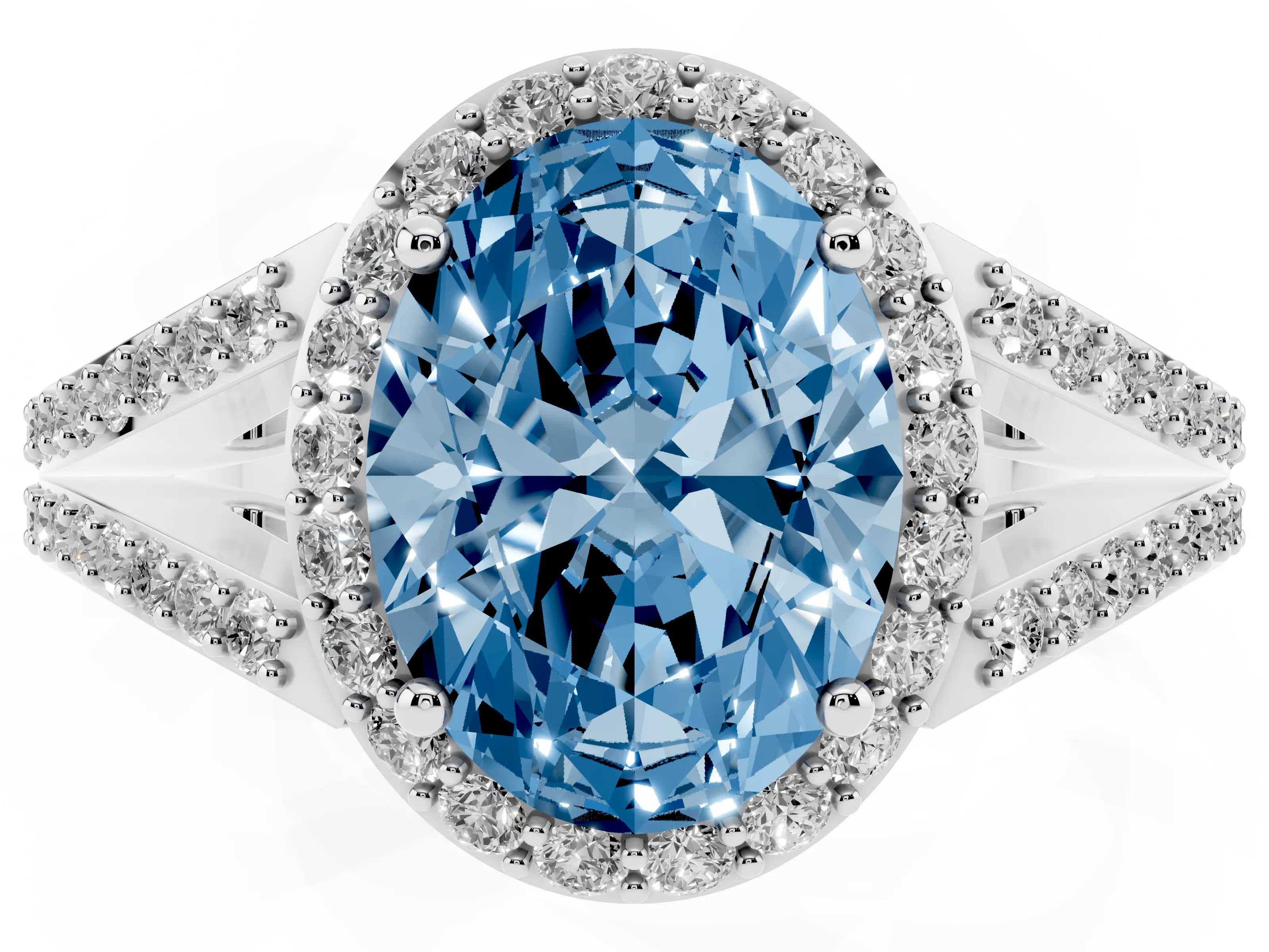 Fancy Blue Oval Cut Diamond Halo Split Shank Ring Set in White gold with Accent Stones and Prong Setting