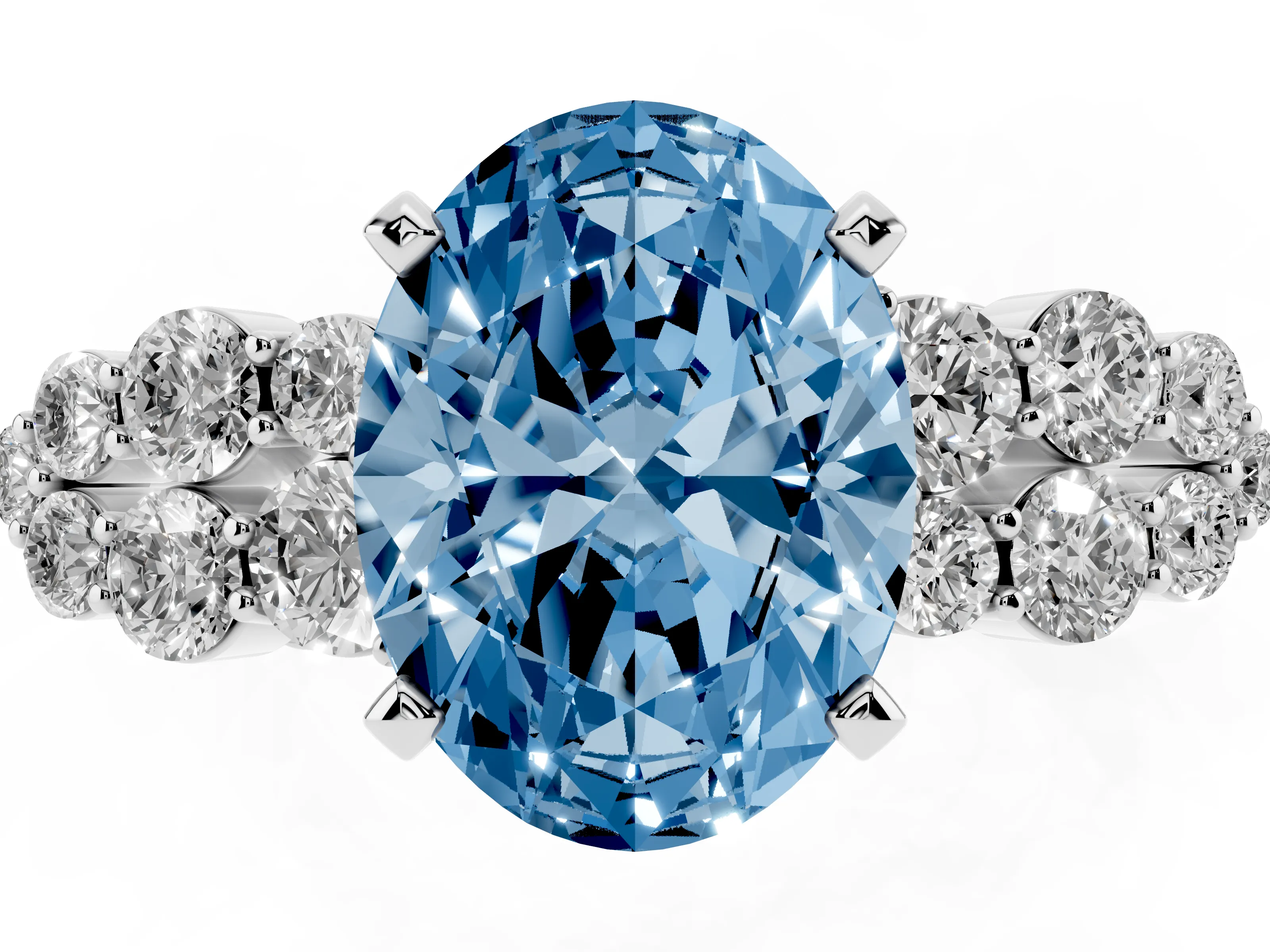Fancy Blue Oval Cut Diamond Cluster Engagement Ring Set in Silver with Pavé Band and Prong Setting