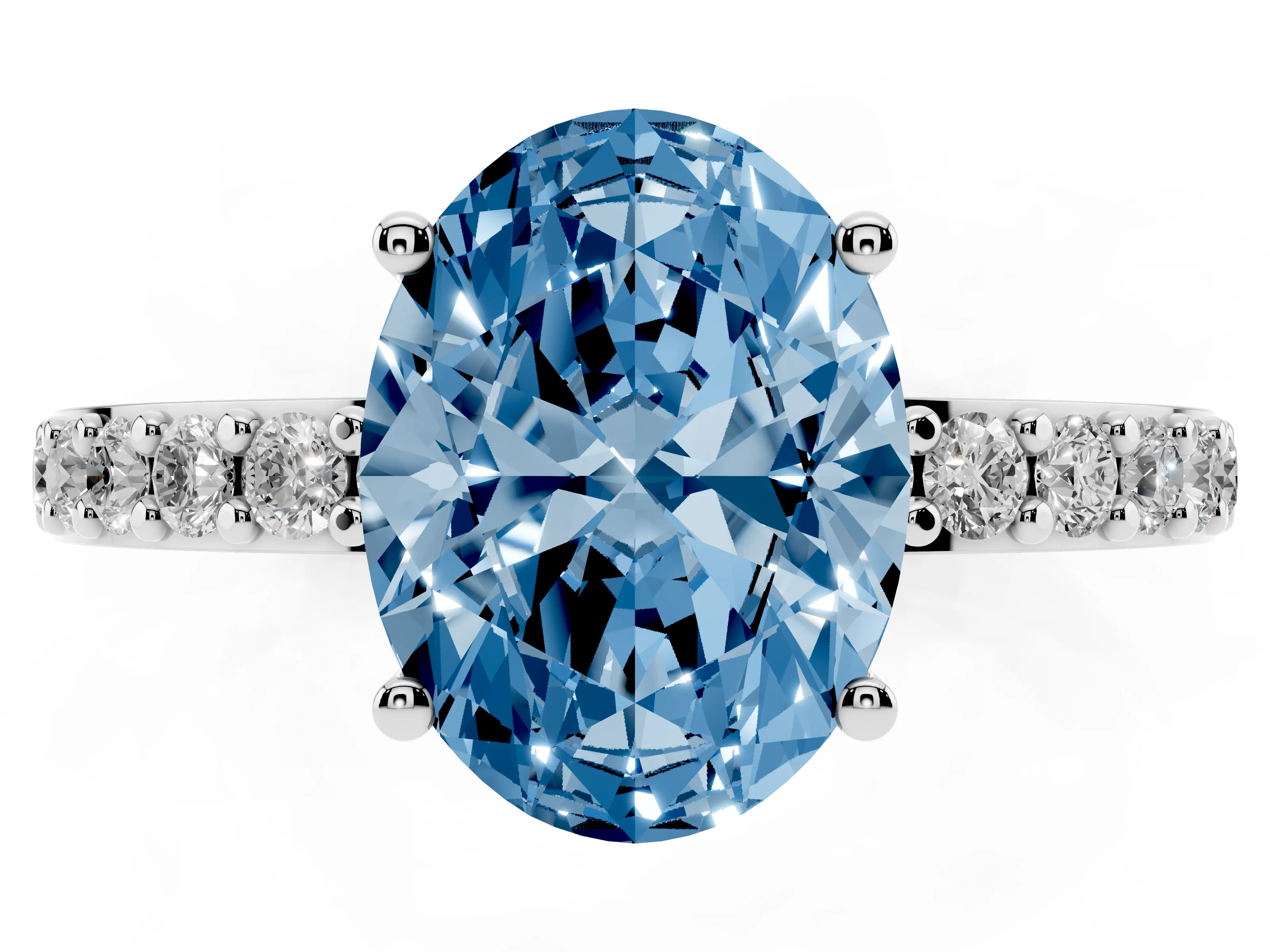 Fancy Blue Oval Cut Diamond Solitaire Set in White gold with Round Pavé Band and Prong Setting