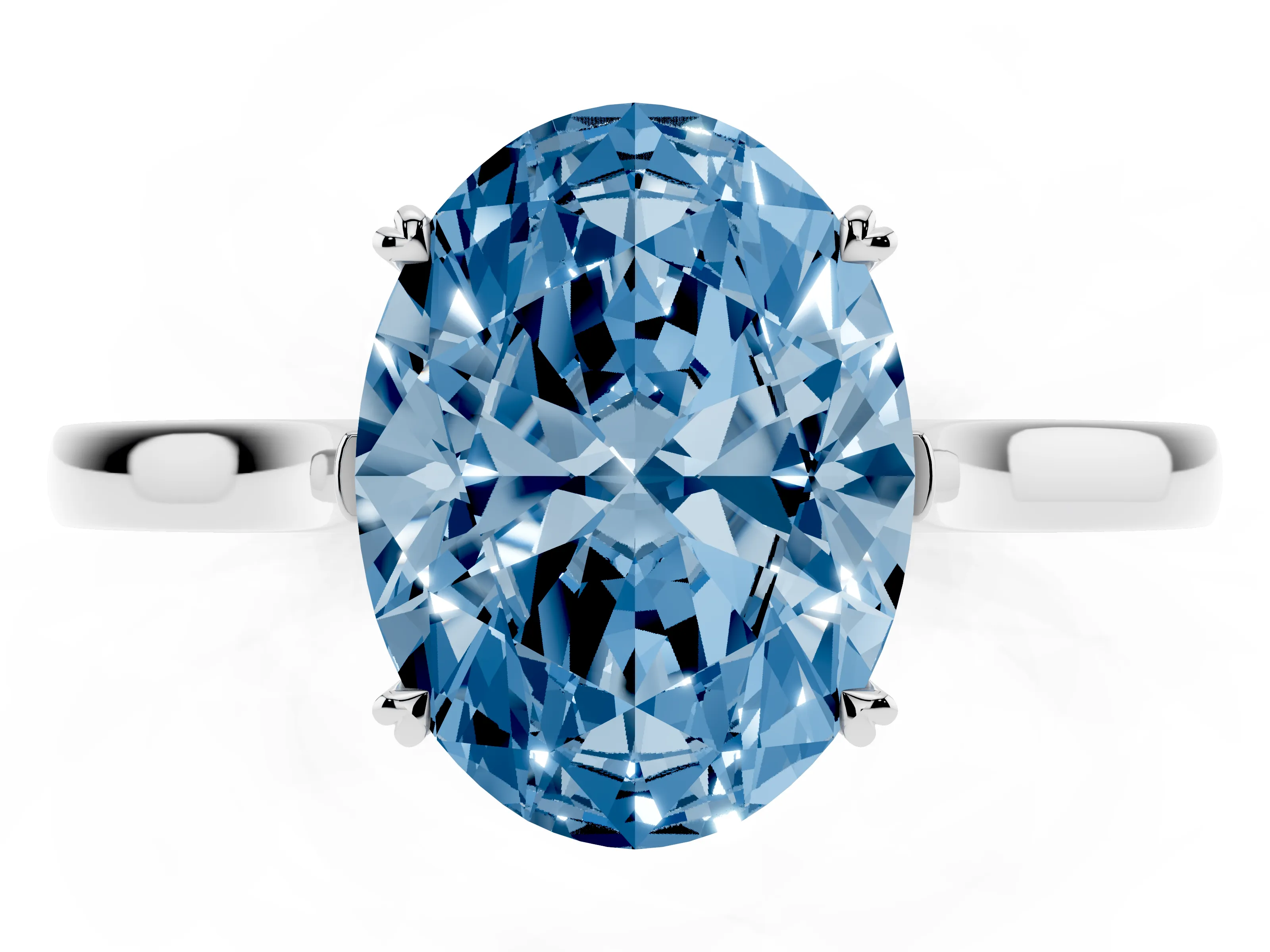 Fancy Blue Oval Cut Diamond Solitaire Heart Prong Engagement Ring Set in White gold with Tapered Band