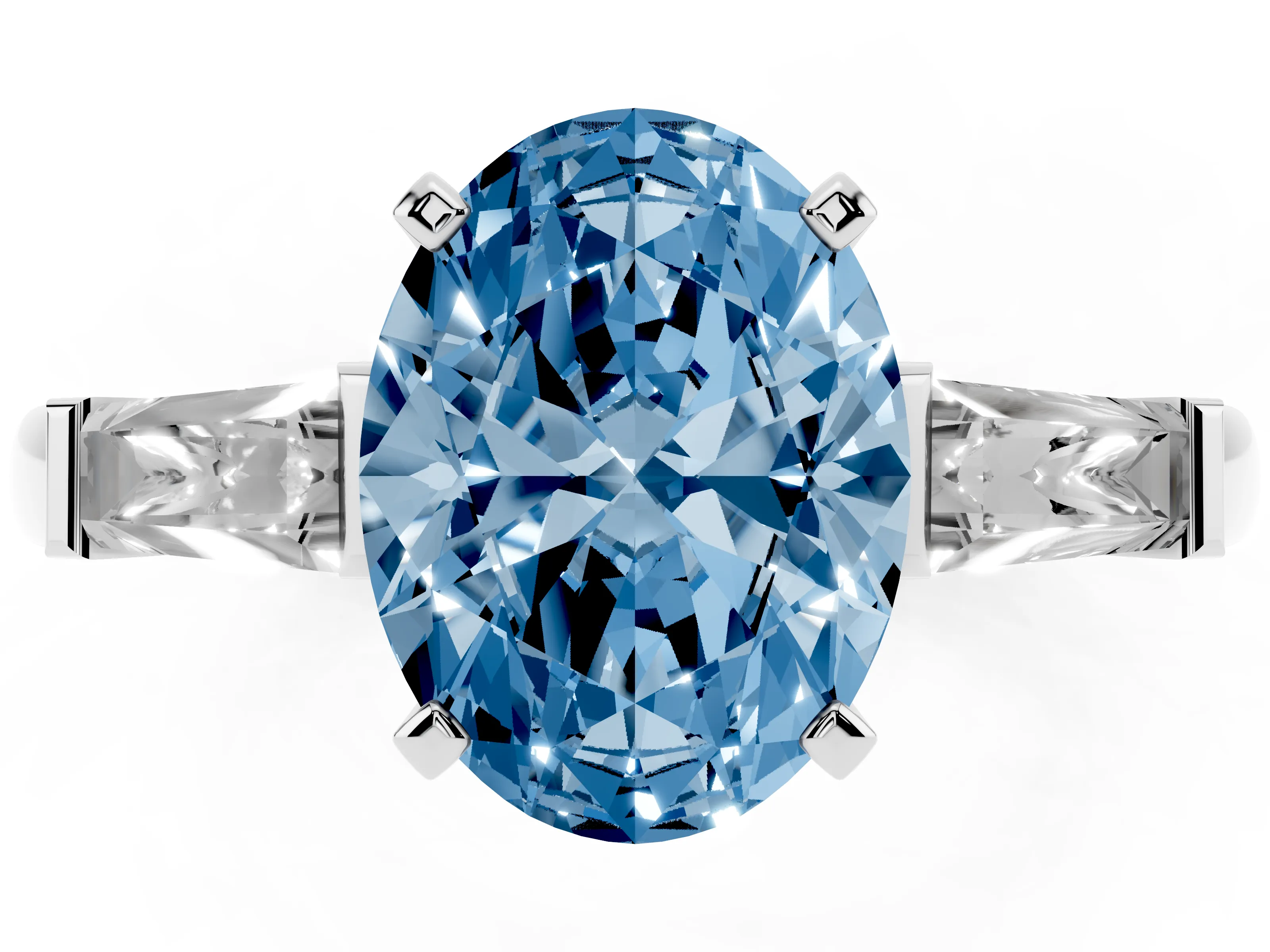 Fancy Blue Oval Cut Diamond Solitaire Ring Set in White gold with Tapered Baguette Side Stones and Prong Setting
