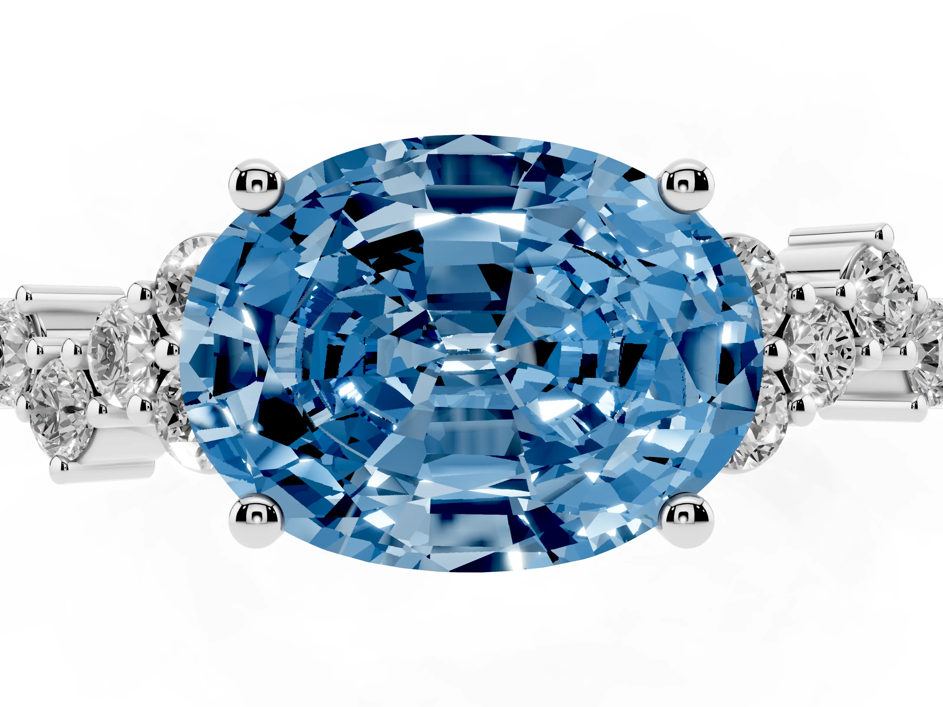 Fancy Blue Oval Cut Diamond Ring Set in Platinum with Scattered Round Accents