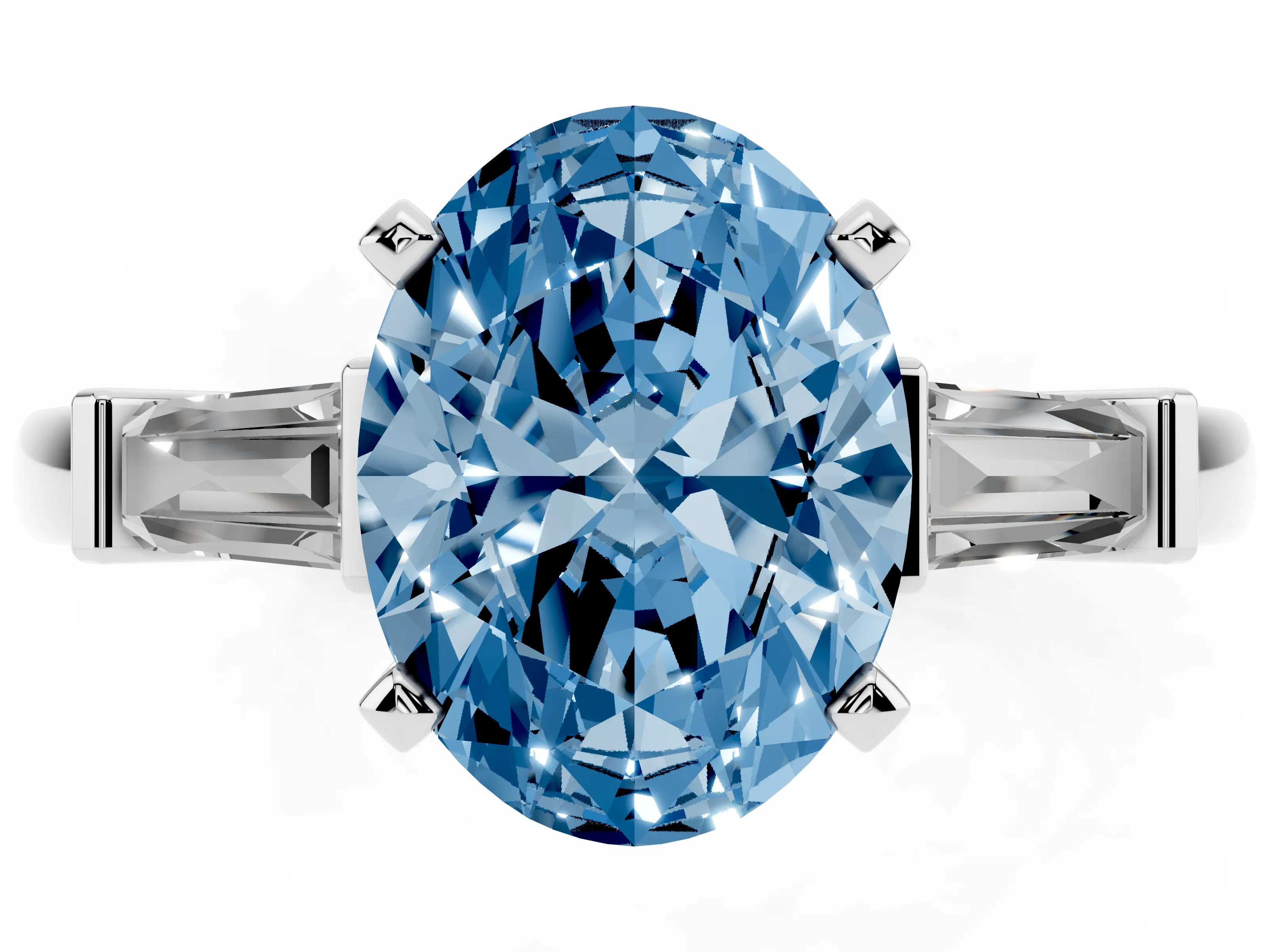 Fancy Blue Oval Cut Diamond Solitaire Ring Set in White gold with Tapered Baguette Accents and Prong Setting