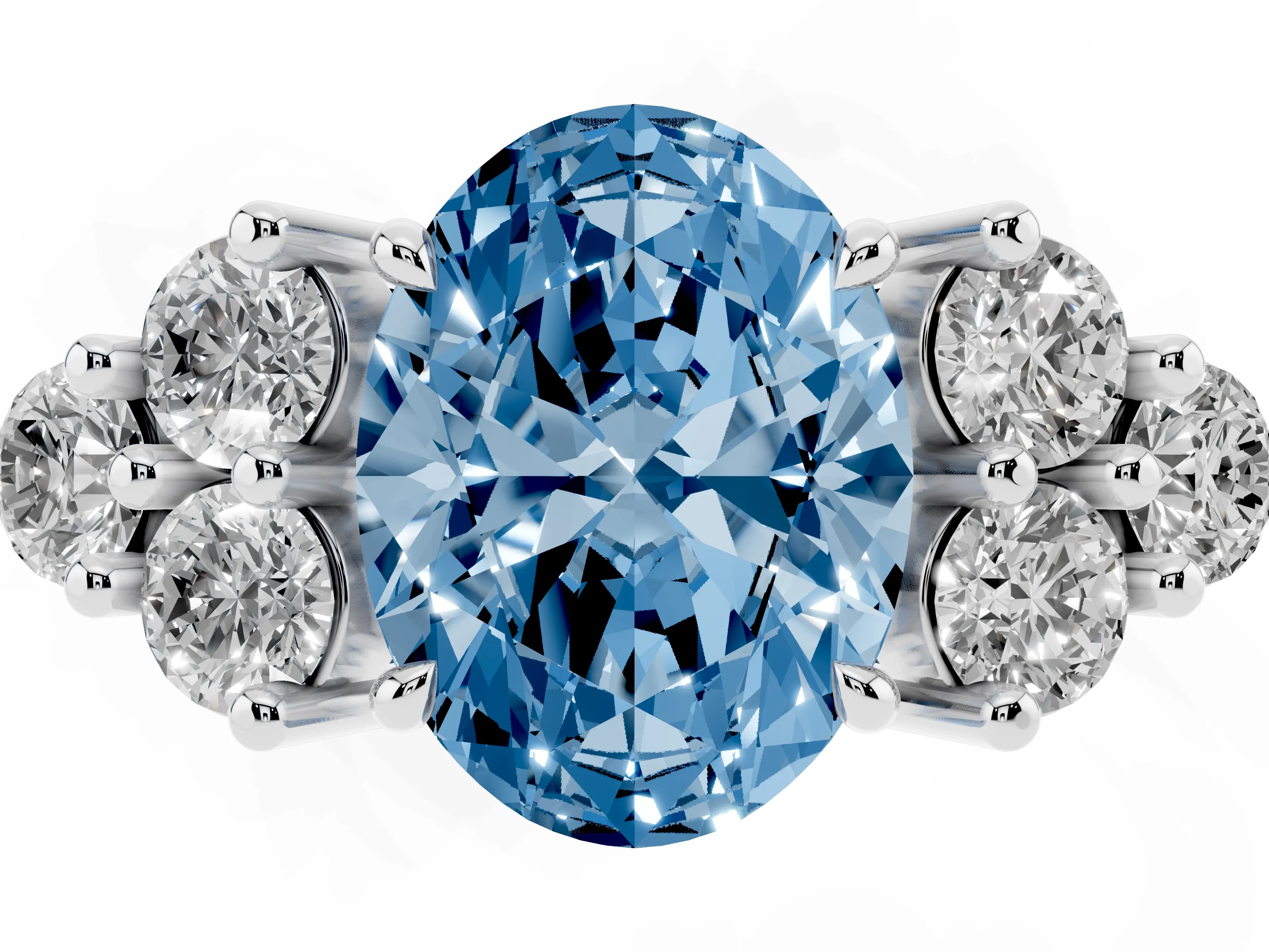 Fancy Blue Oval Cut Diamond Solitaire Ring Set in Platinum with Cluster Accents on Each Side