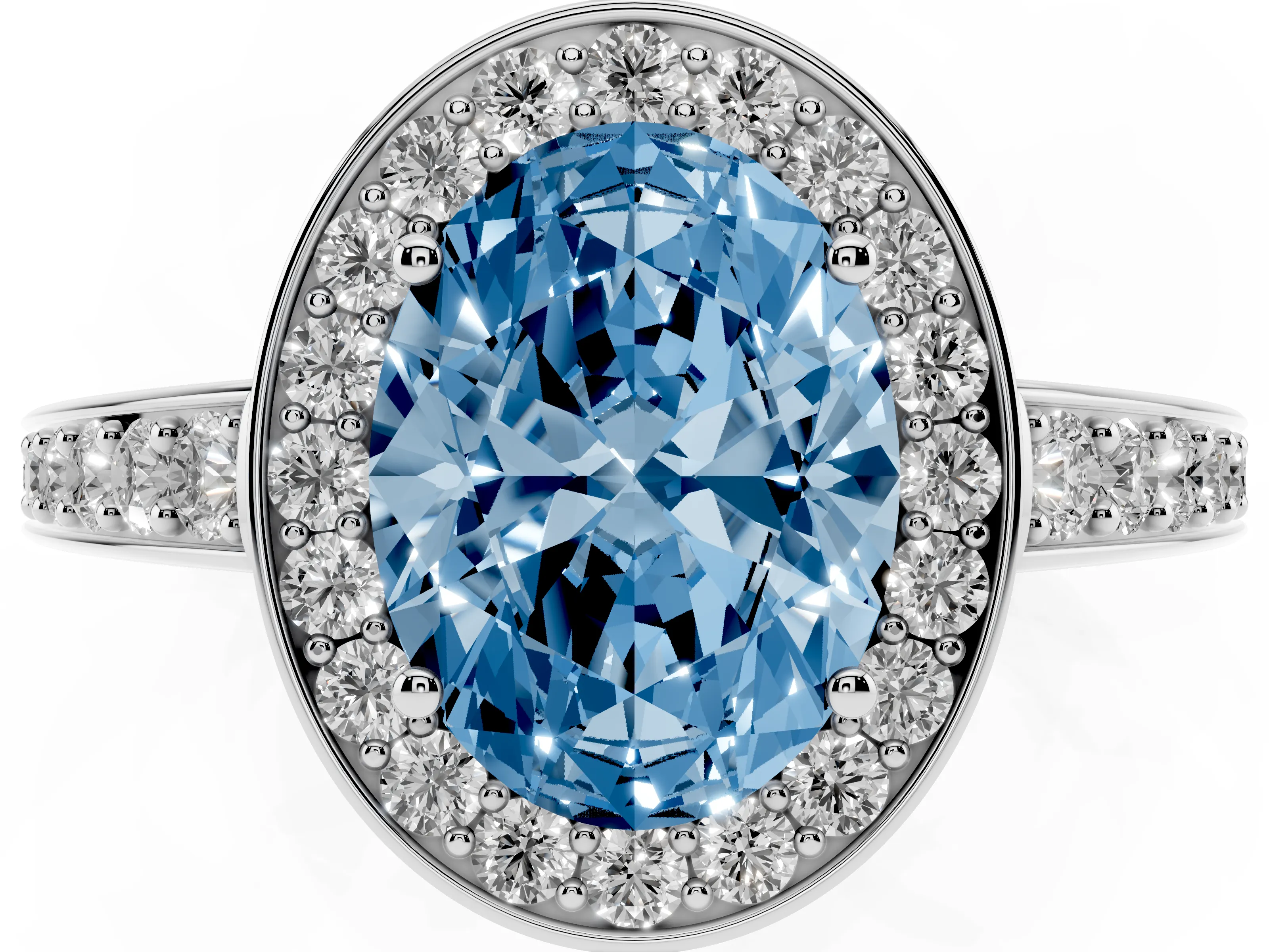 Fancy Blue Oval Cut Diamond Halo Pavé Engagement Ring Set in White gold with Bezel Setting