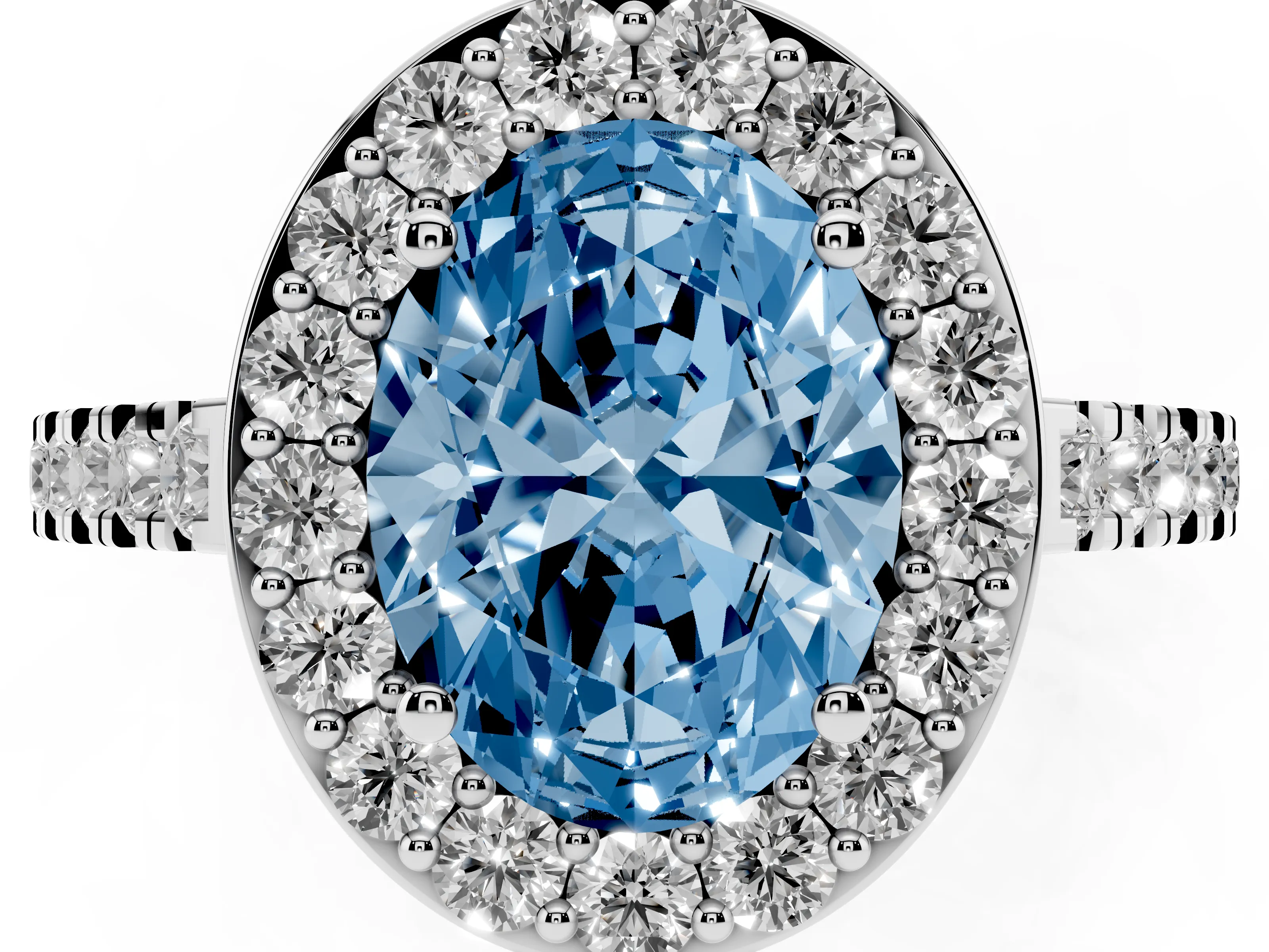 Fancy Blue Oval Cut Diamond Halo Ring Set in Silver with Round Pavé Split Shank and Prong Setting