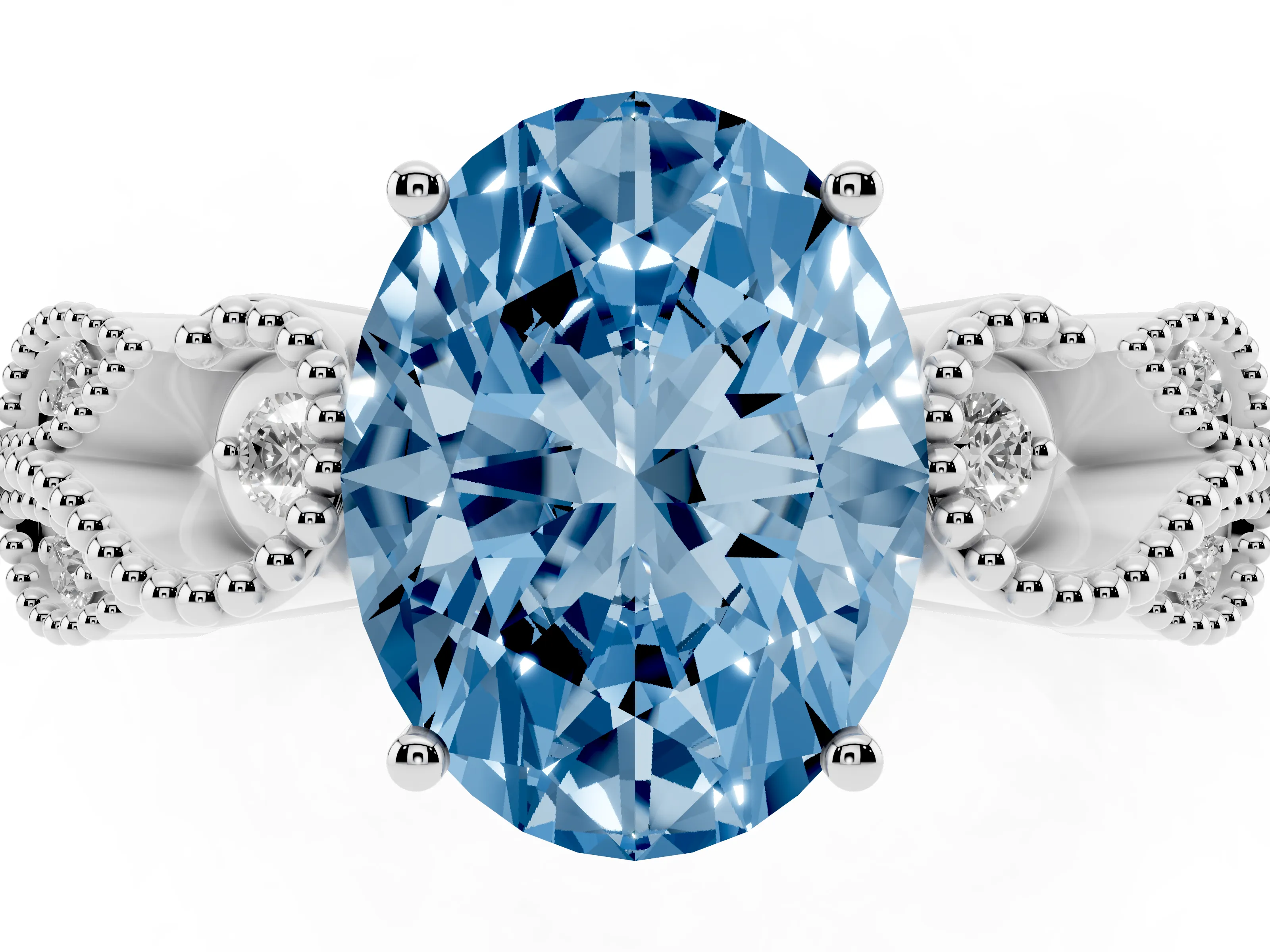 Fancy Blue Oval Cut Diamond Milgrain Leaf Band Solitaire Ring Set in Platinum with Accent Stones and Prong Setting