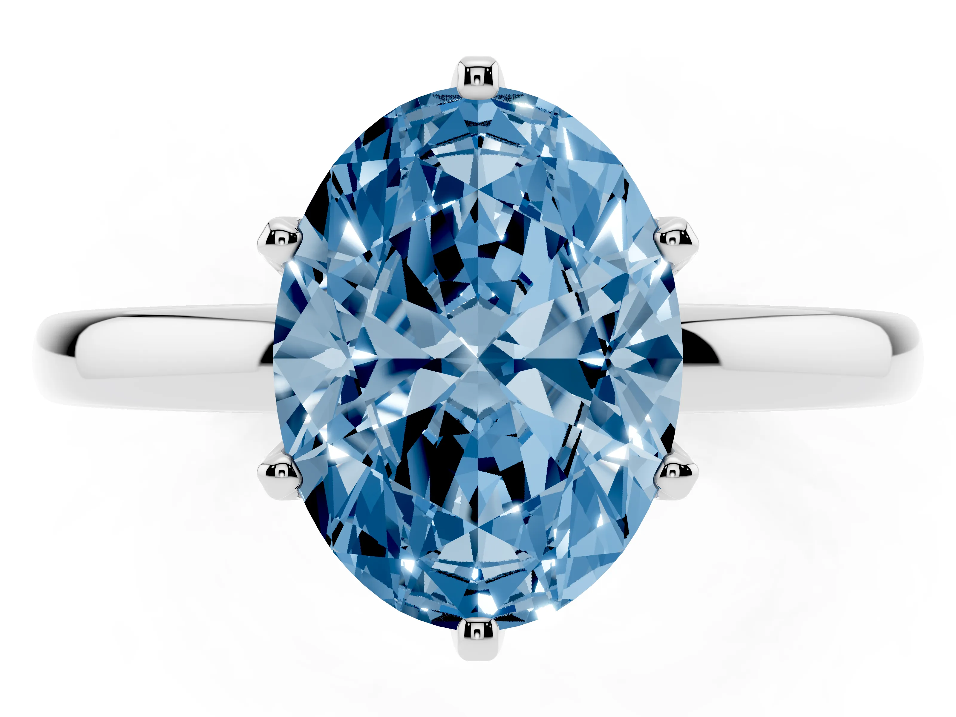 Fancy Blue Oval Cut Diamond Solitaire Ring Set in White gold with Raised Prong Setting on a Classic Band