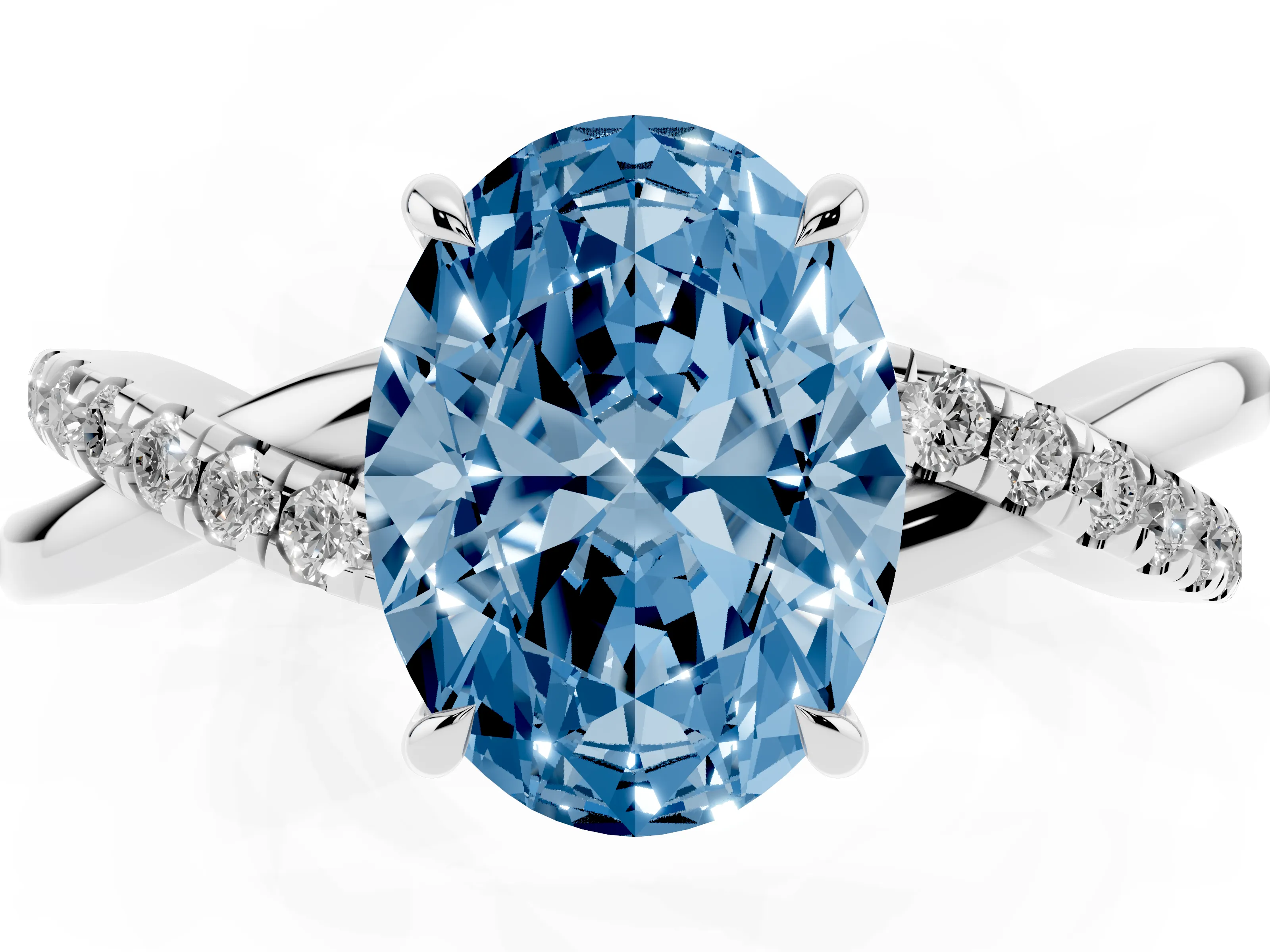 Fancy Blue Oval Cut Diamond Twisted Pavé Band Ring Set in Silver with Prong Setting