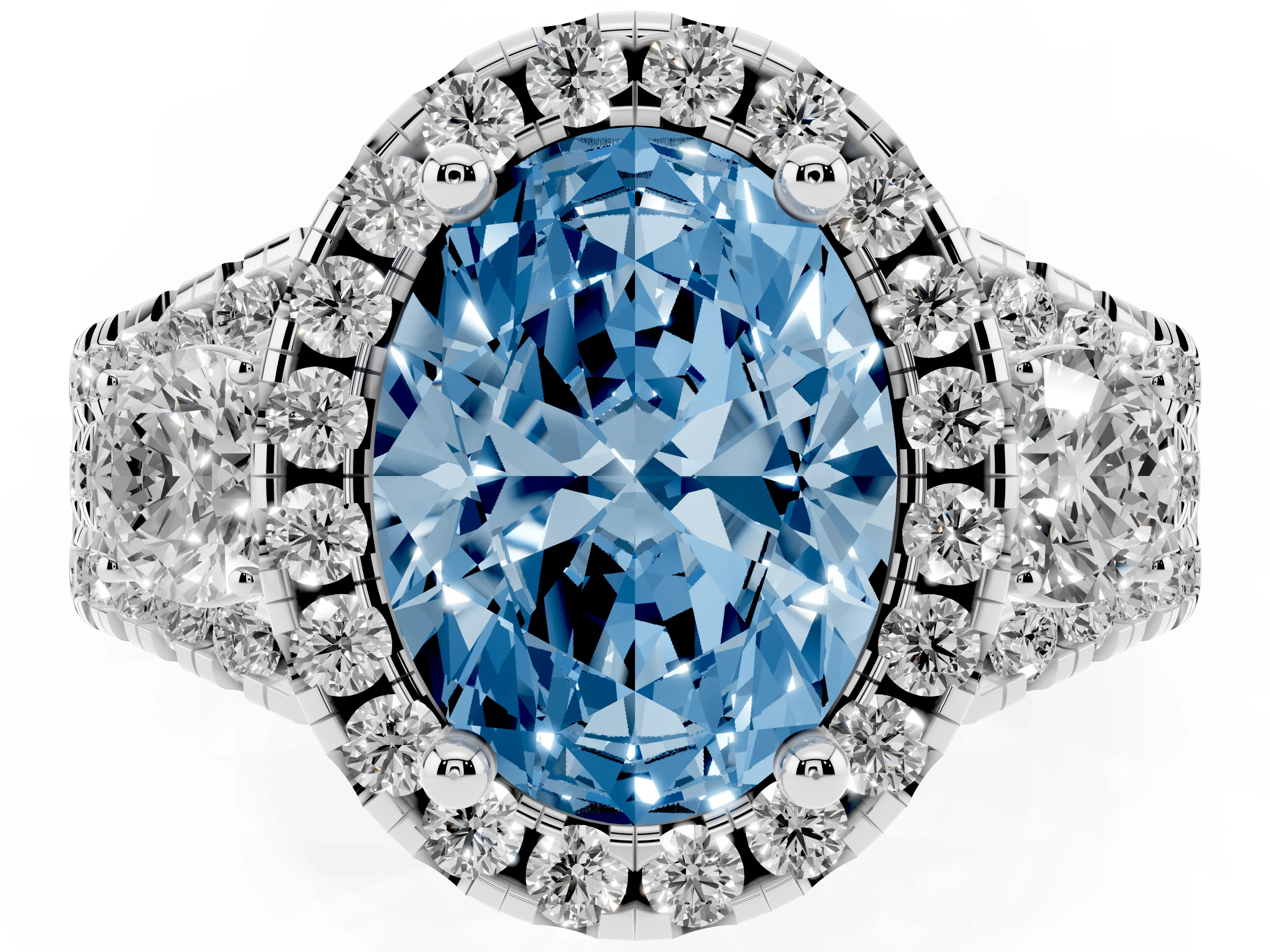 Fancy Blue Oval Cut Diamond Halo Split Shank Ring Set in Platinum with Round Accent Stones and Prong Setting