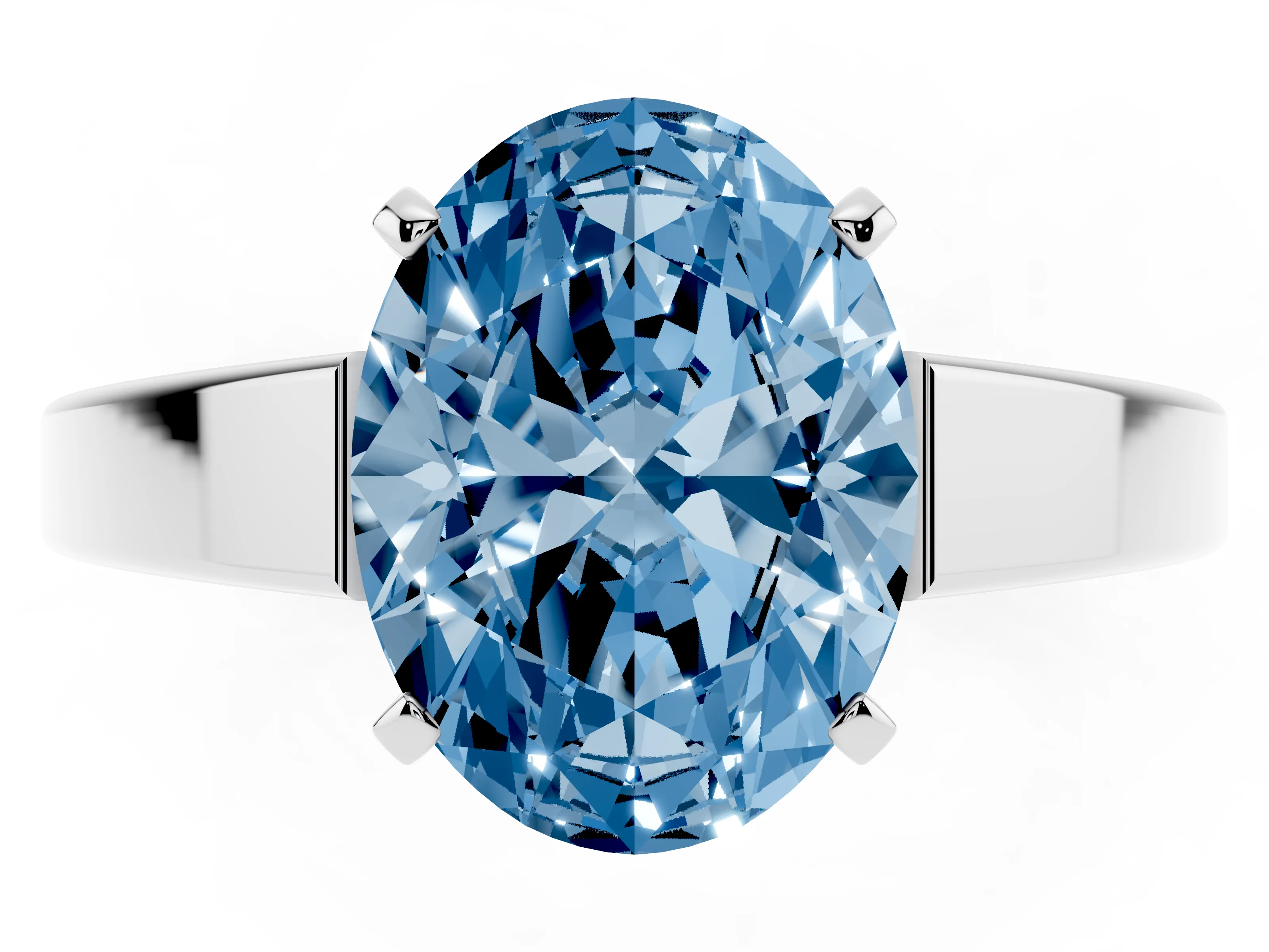 Fancy Blue Oval Cut Diamond Solitaire Engagement Ring Set in Silver with Prong Setting and Tapered Band