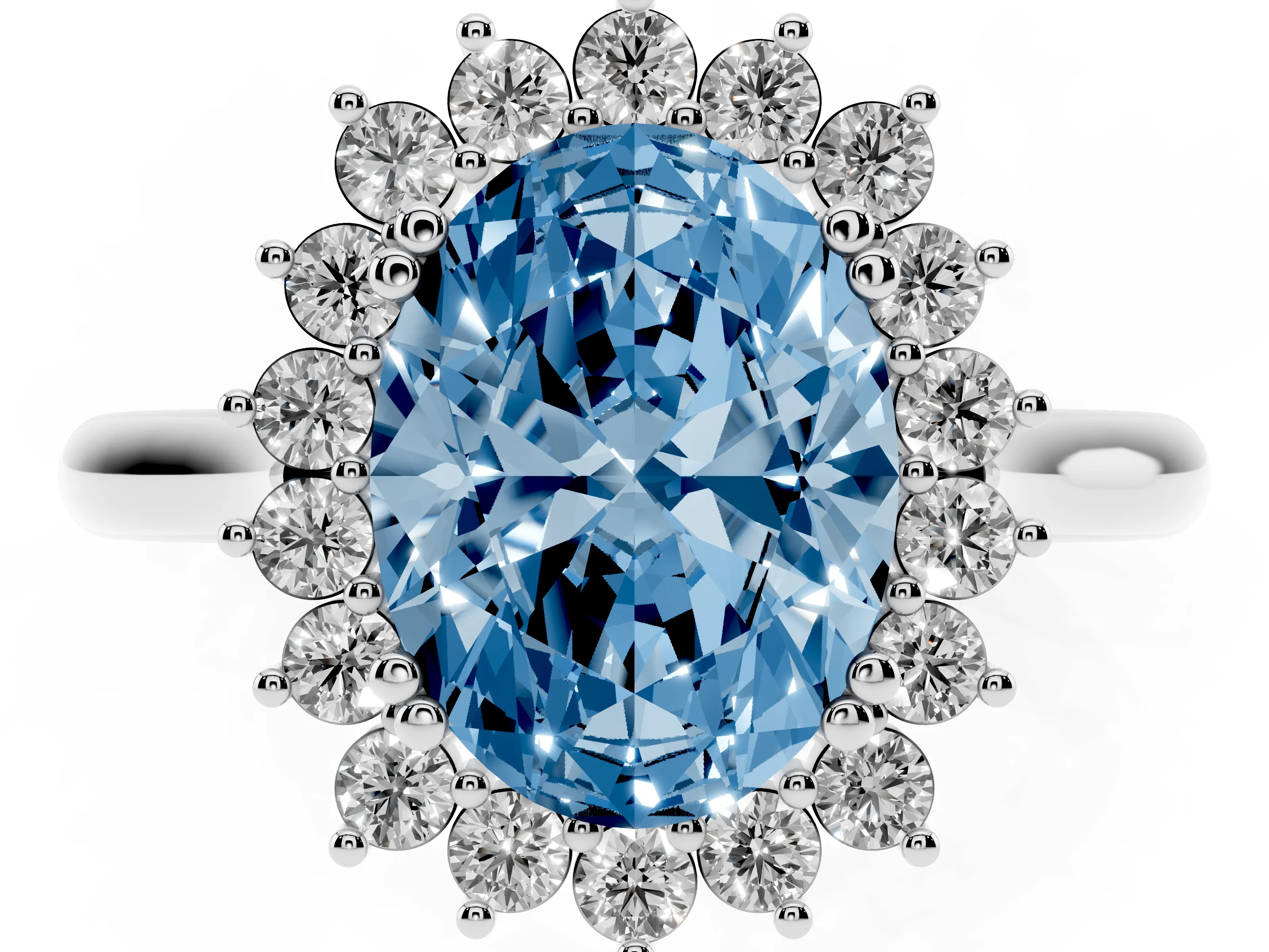 Fancy Blue Oval Cut Diamond Halo Ring Set in Silver with Plain Solitaire Band and Prong Setting