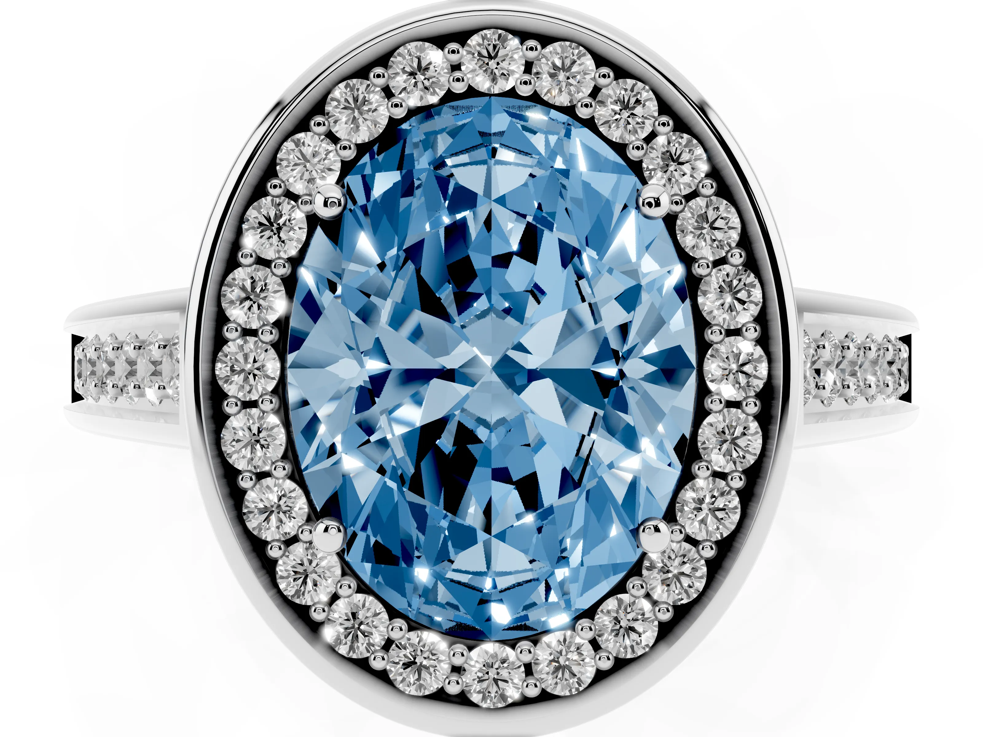 Fancy Blue Oval Cut Diamond Halo Solitaire Ring Set in Silver with Pavé Band and Bezel Setting