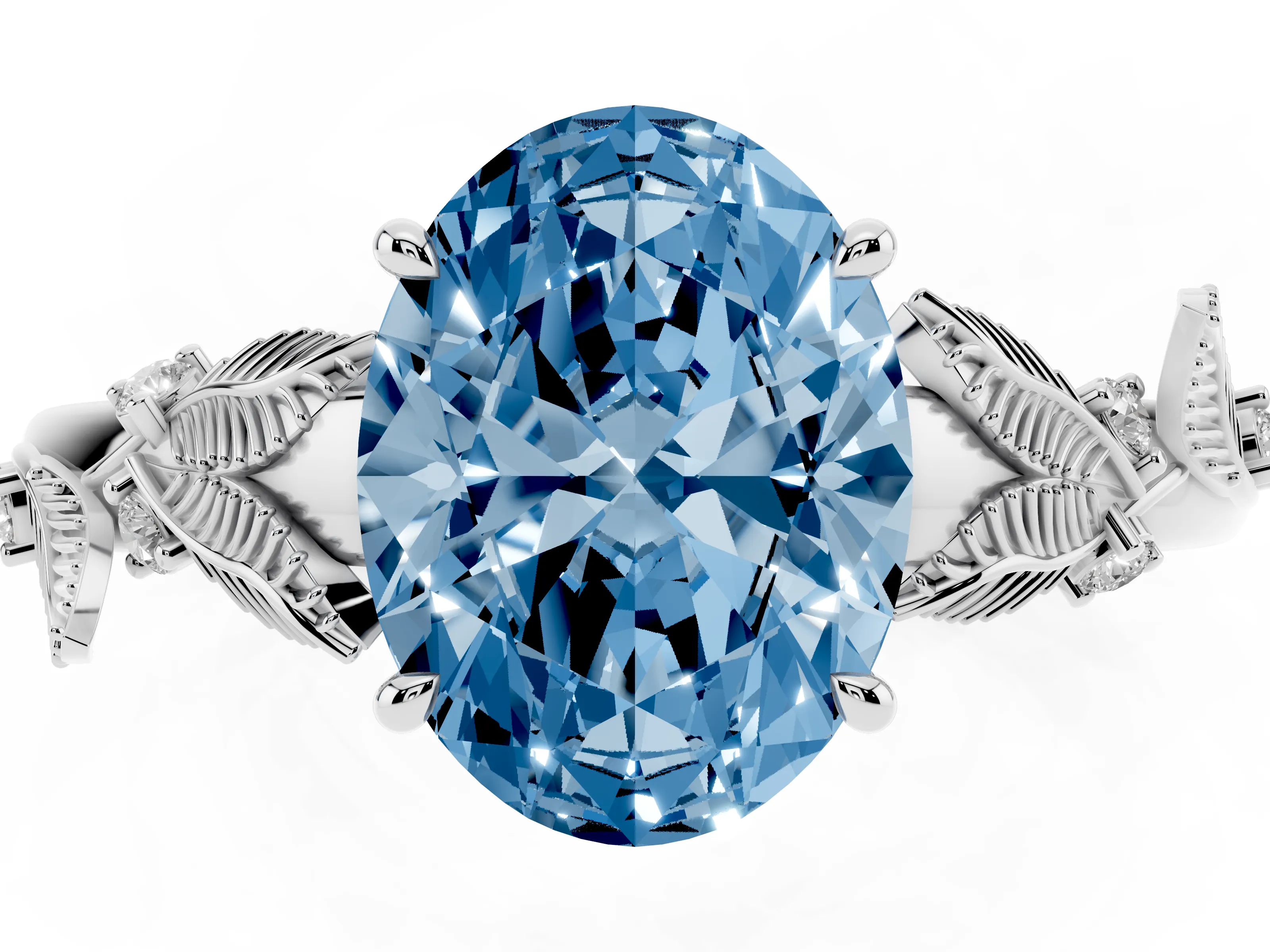 Fancy Blue Oval Cut Diamond Solitaire Ring Set in Platinum with Leaf Motif Band