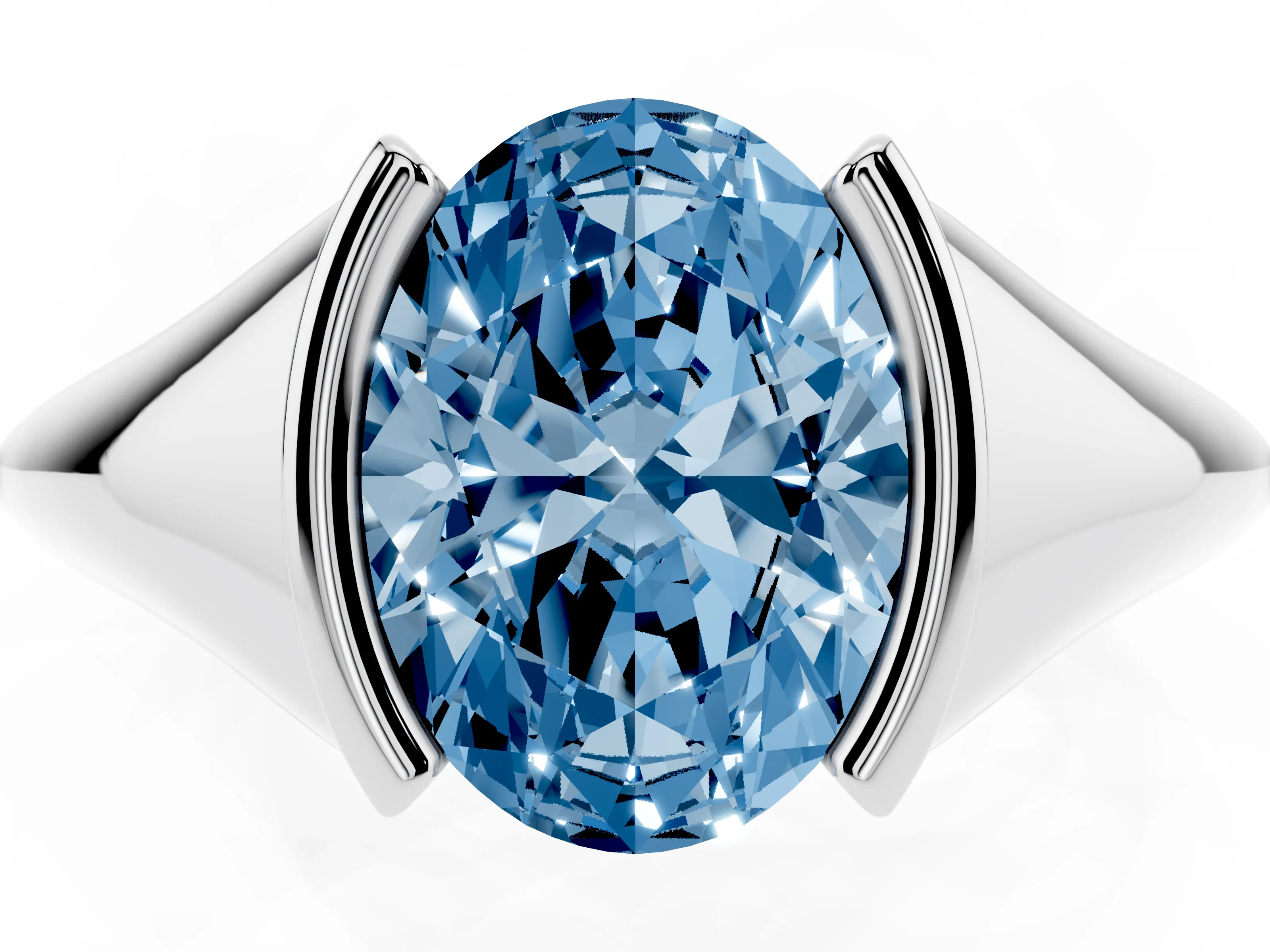 Fancy Blue Oval Cut Diamond Solitaire Tension Set Ring Set in Silver