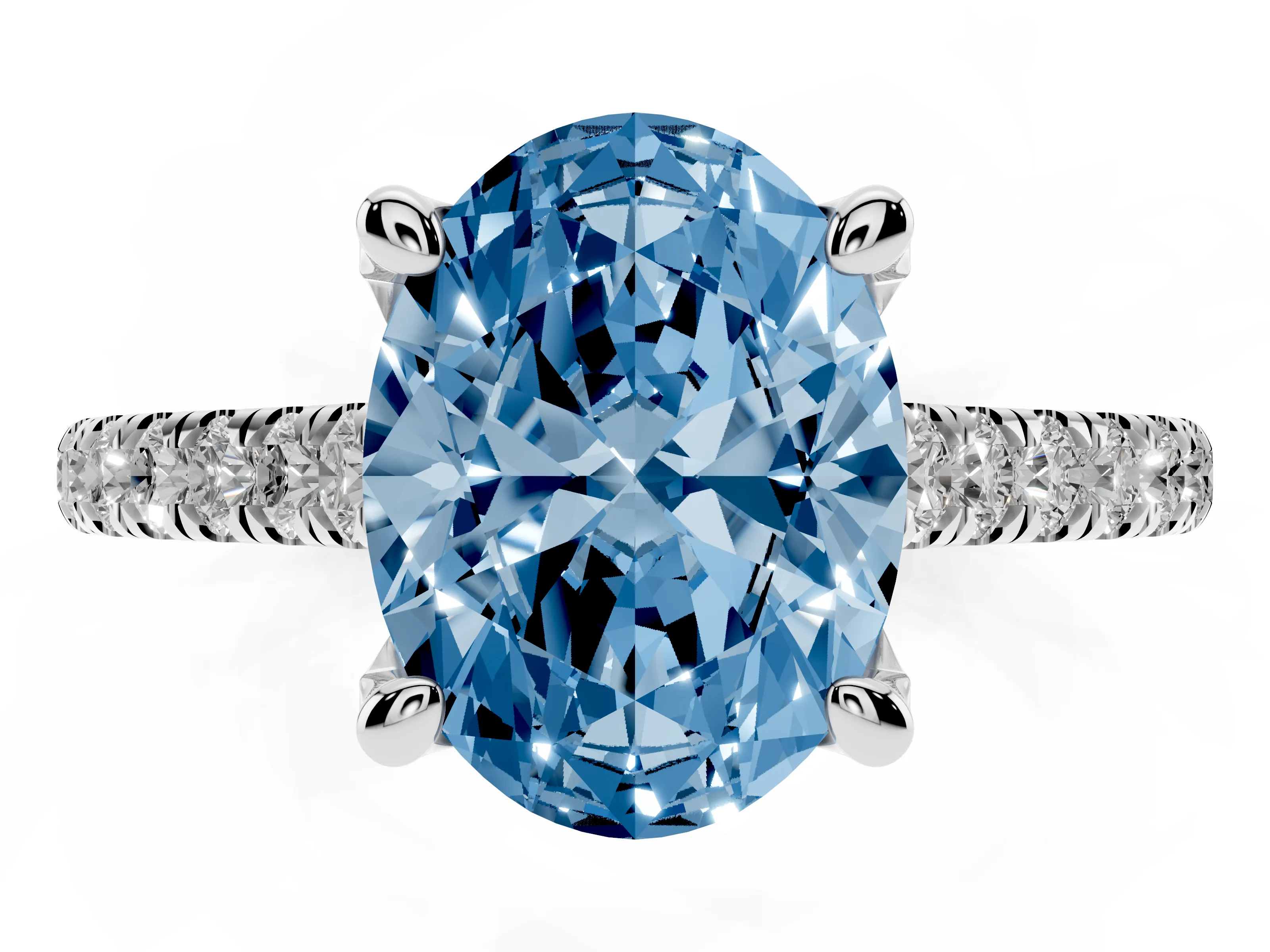 Fancy Blue Oval Cut Diamond Solitaire Ring Set in Silver with Brilliant Pavé Band and Prong Setting