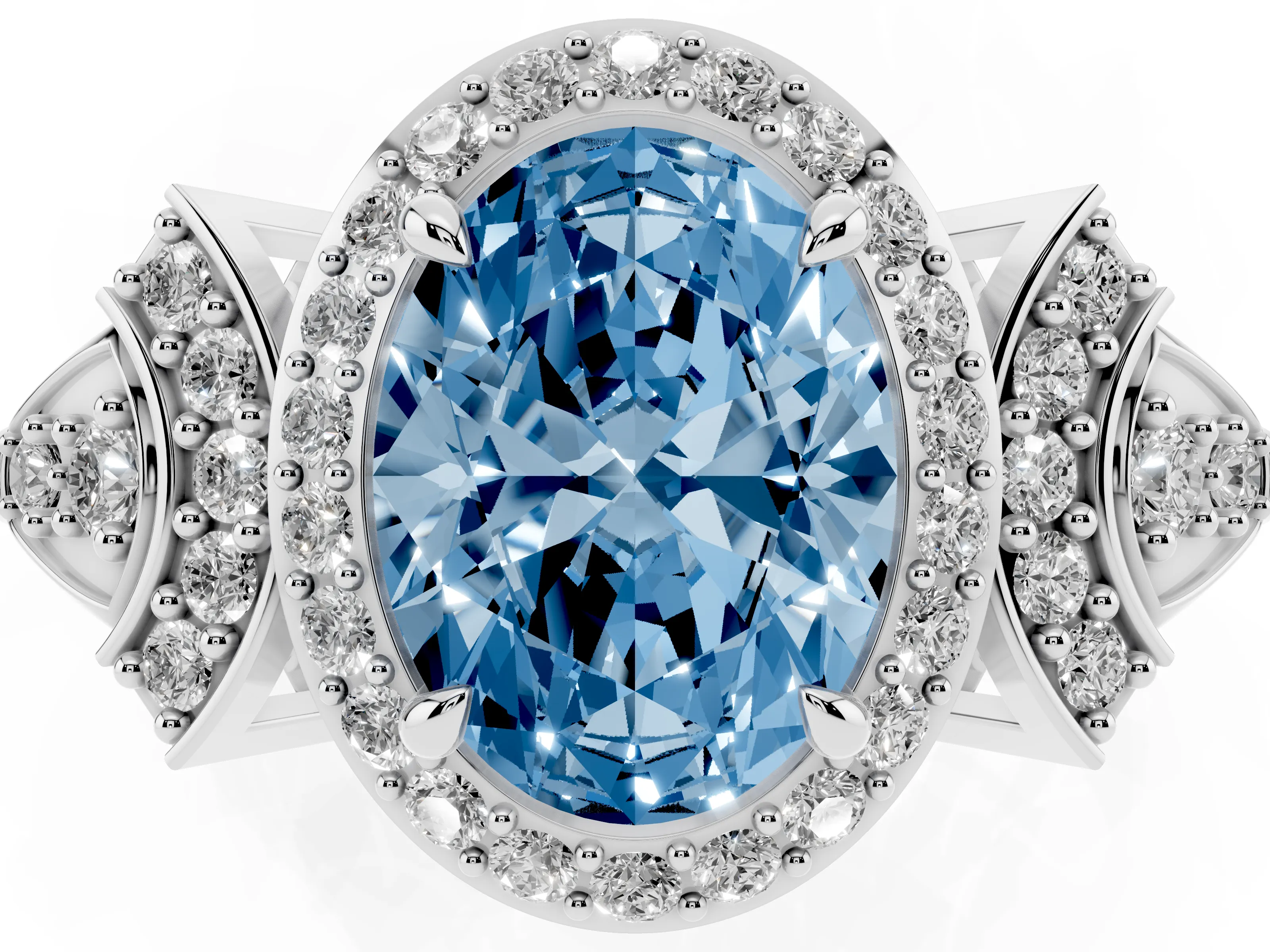 Fancy Blue Oval Cut Diamond Halo Engagement Ring Set in Platinum with Accent Stone Split Shank