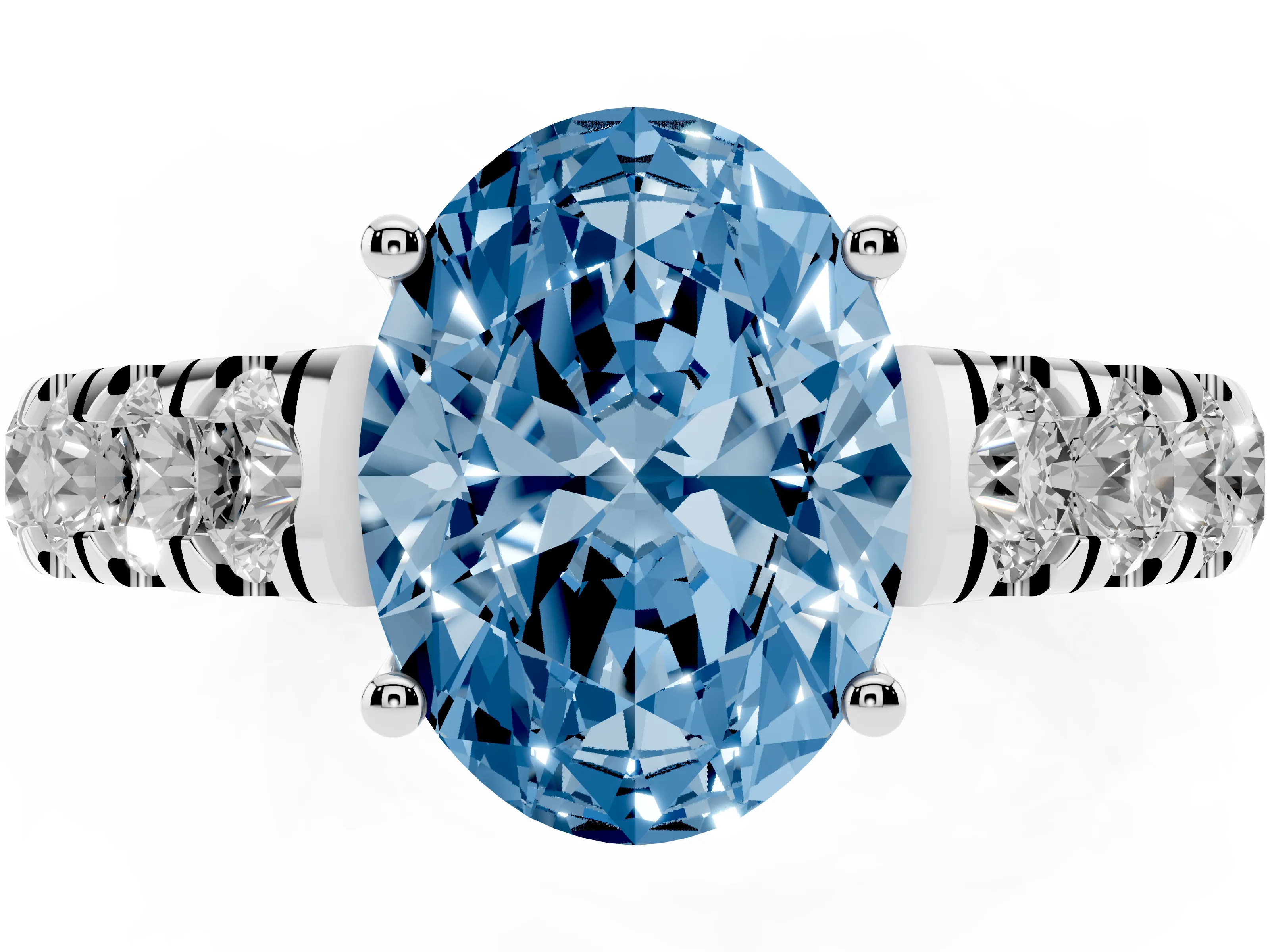 Fancy Blue Oval Cut Diamond Solitaire Ring Set in Silver with Cut-Down Micro Pavé Band and Prong Setting