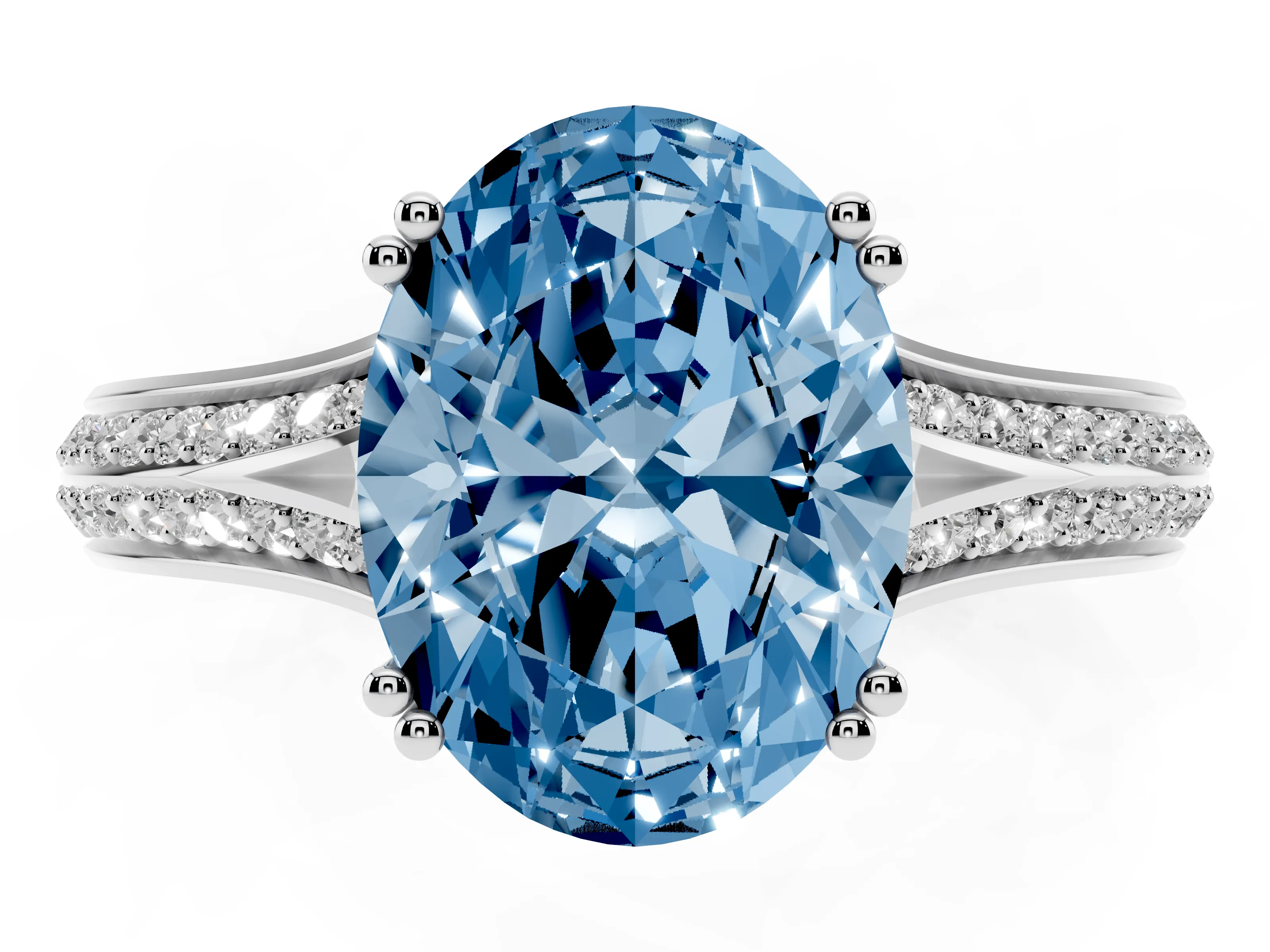 Fancy Blue Oval Cut Diamond Split Shank Pavé Engagement Ring Set in White gold with Prong-Set Center Stone