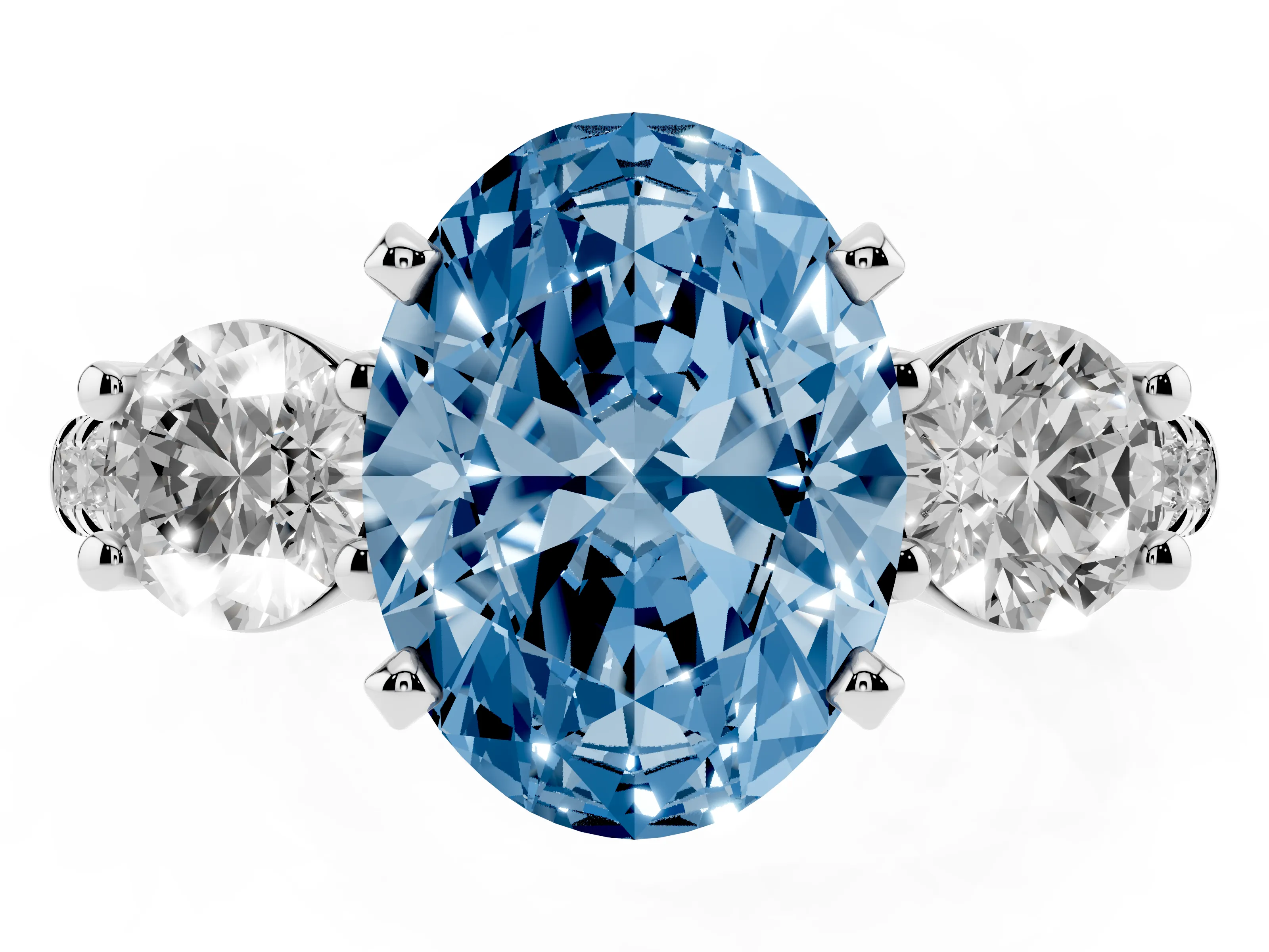 Fancy Blue Three-Stone Oval Cut Diamond Pavé Band Ring Set in Platinum with Prong-Set Trio