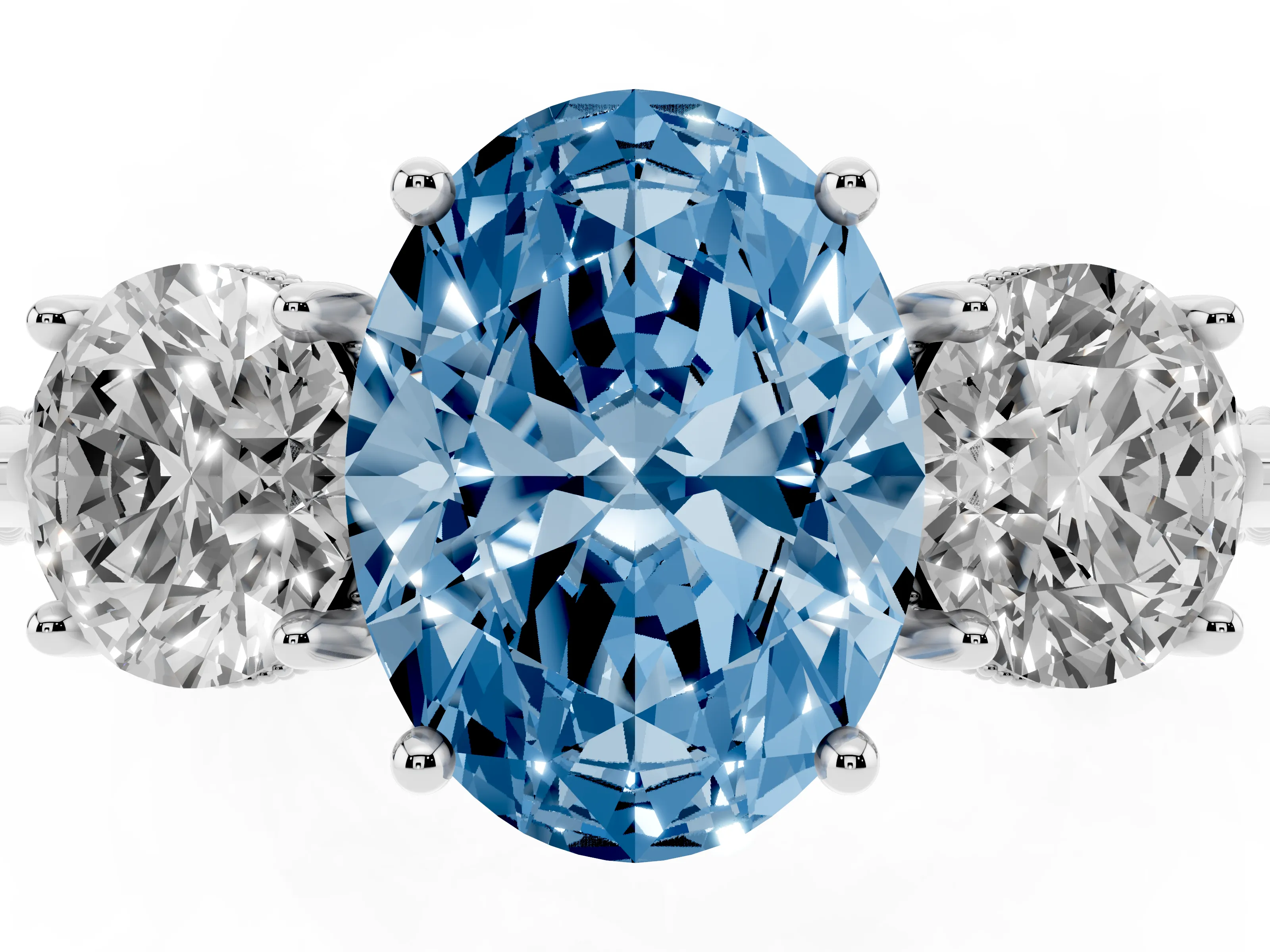 Fancy Blue Oval Cut Diamond Three-Stone Ring Set in Silver with Milgrain Band