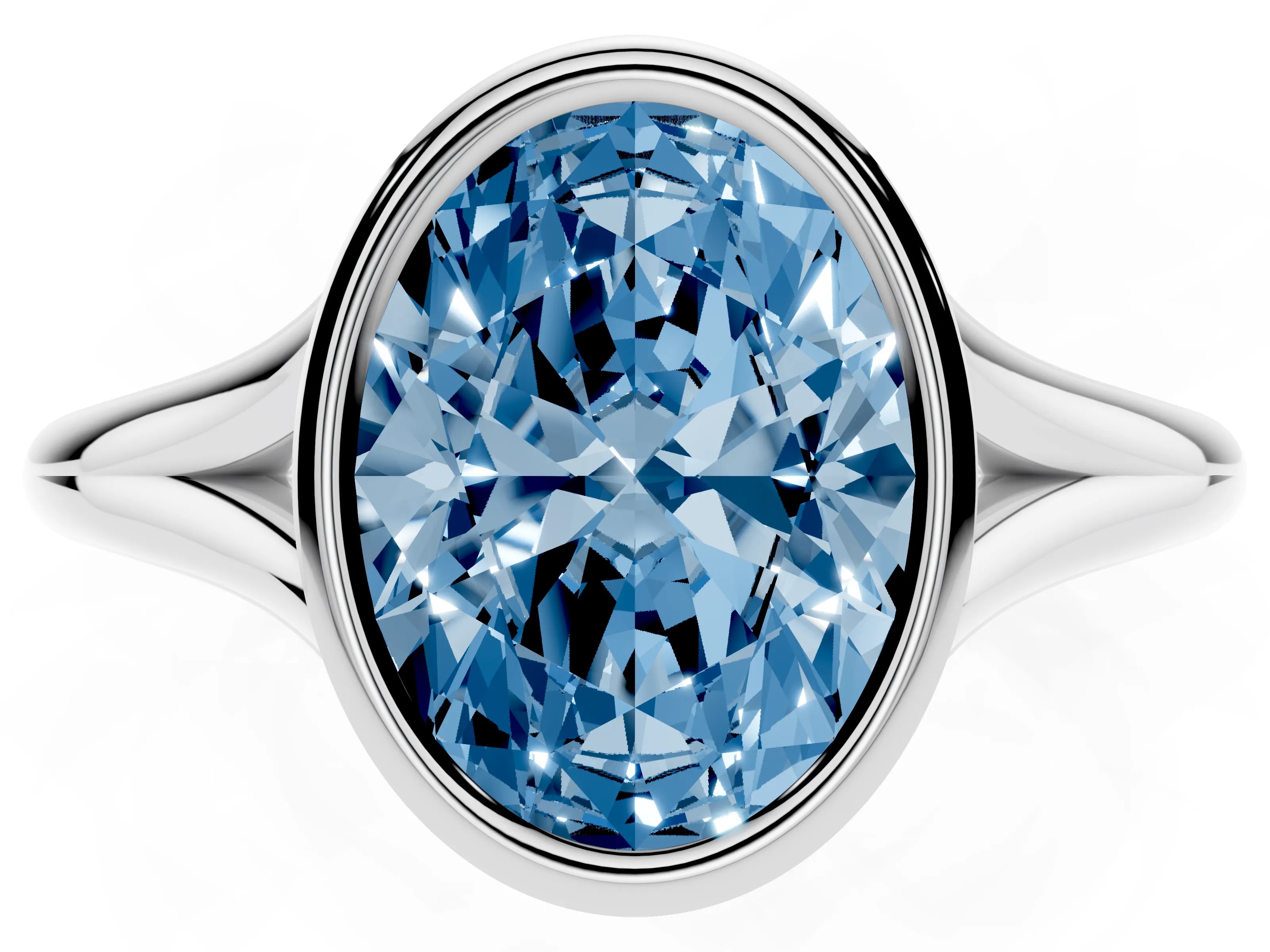 Fancy Blue Bezel Set Oval Cut Diamond Solitaire Ring Set in Silver with Tapered Band