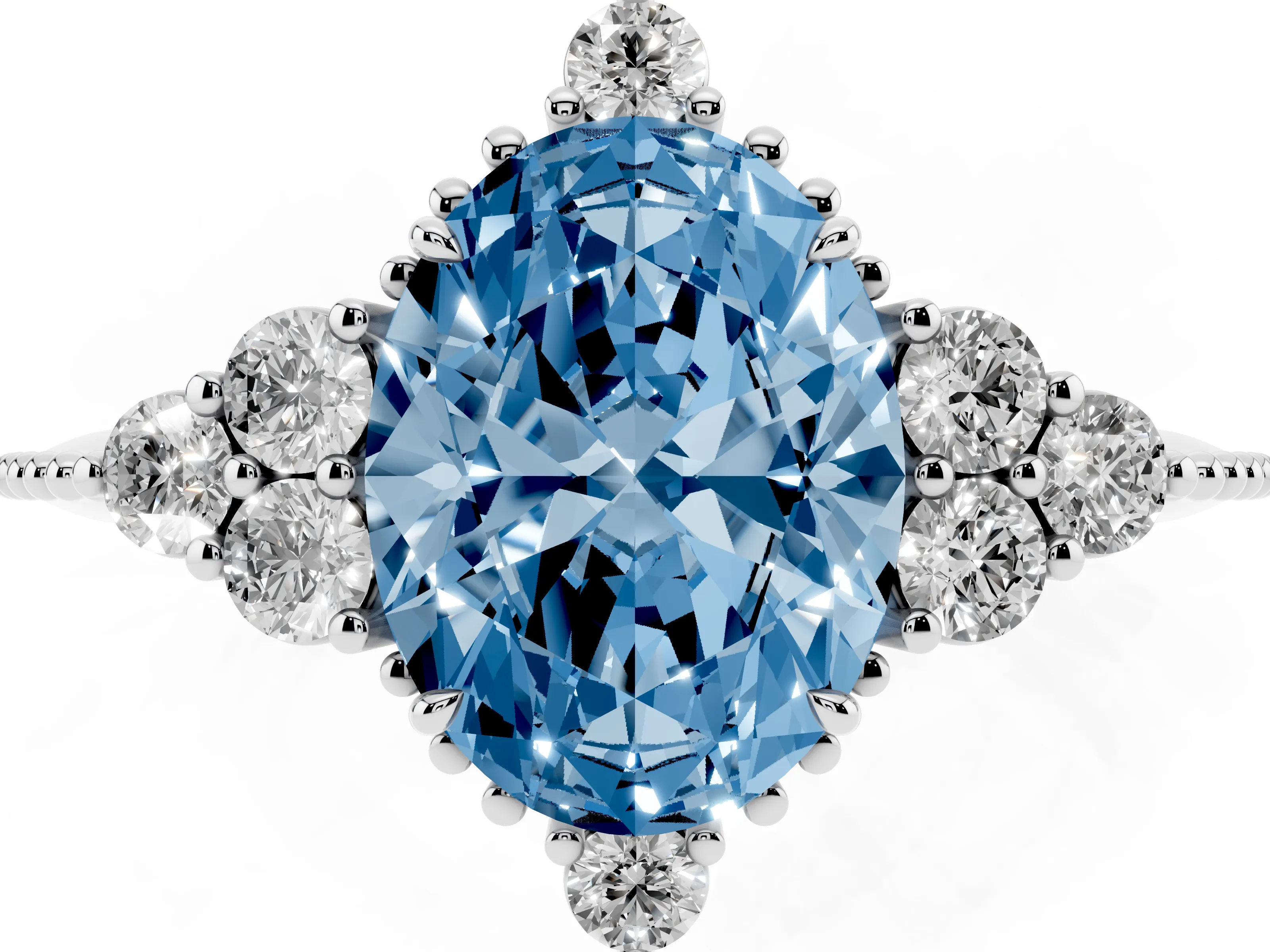 Fancy Blue Oval Cut Diamond Cluster Ring Set in Platinum with Beaded Band