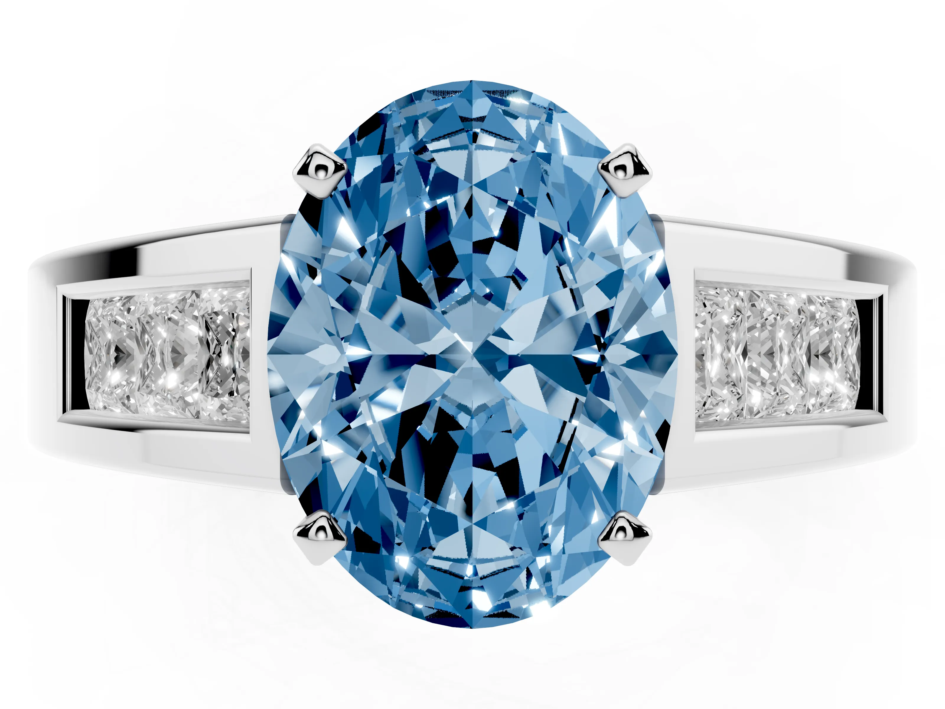 Fancy Blue Oval Cut Diamond Solitaire Ring Set in Platinum with Channel-Set Accent Stones and Prong Setting